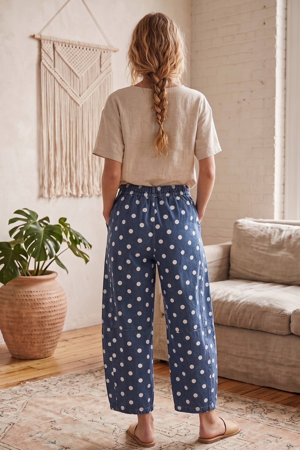 Polka Dot Denim Barrel Pants