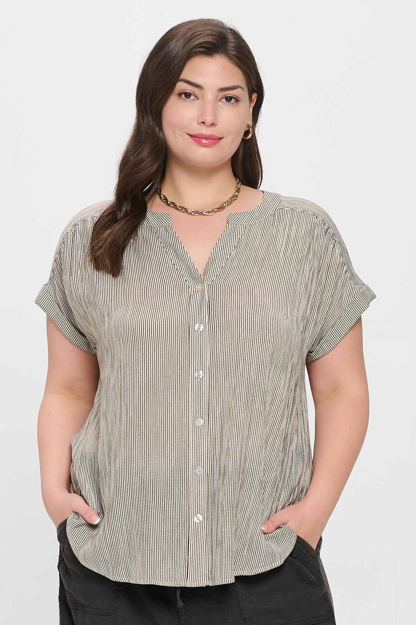 PINSTRIPE SHORT CUFF SLEEVE BUTTON DOWN SHIRT