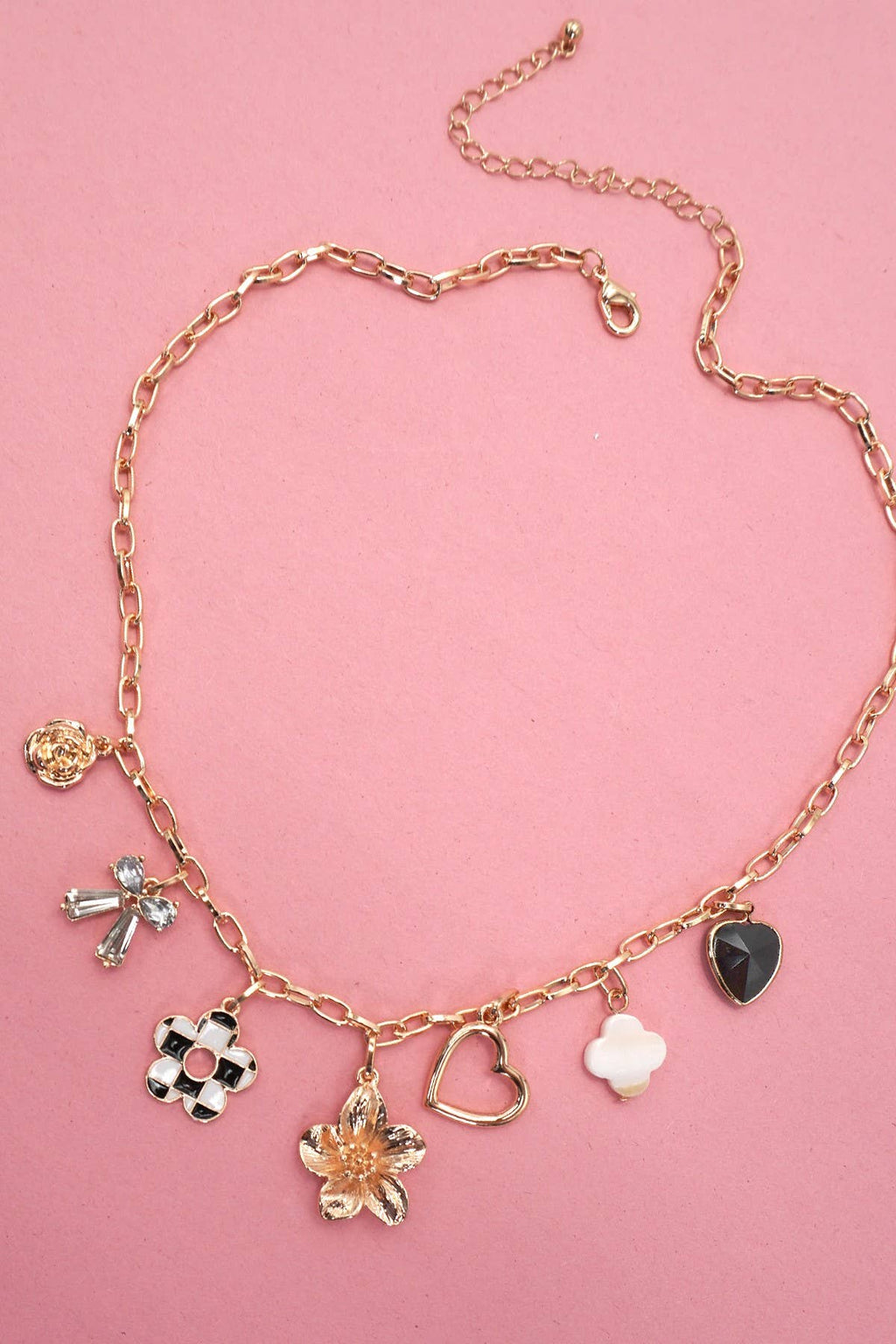 JOSSLYN by wall to wall - CHARM NECKLACE-BOW CHECKER HEART RHINESTONE | 80N92053