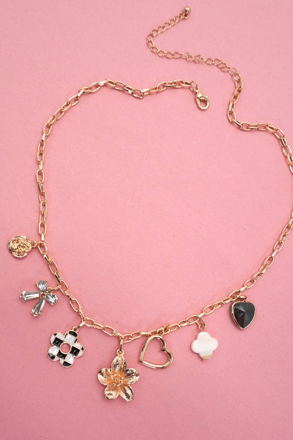 JOSSLYN by wall to wall - CHARM NECKLACE-BOW CHECKER HEART RHINESTONE | 80N92053