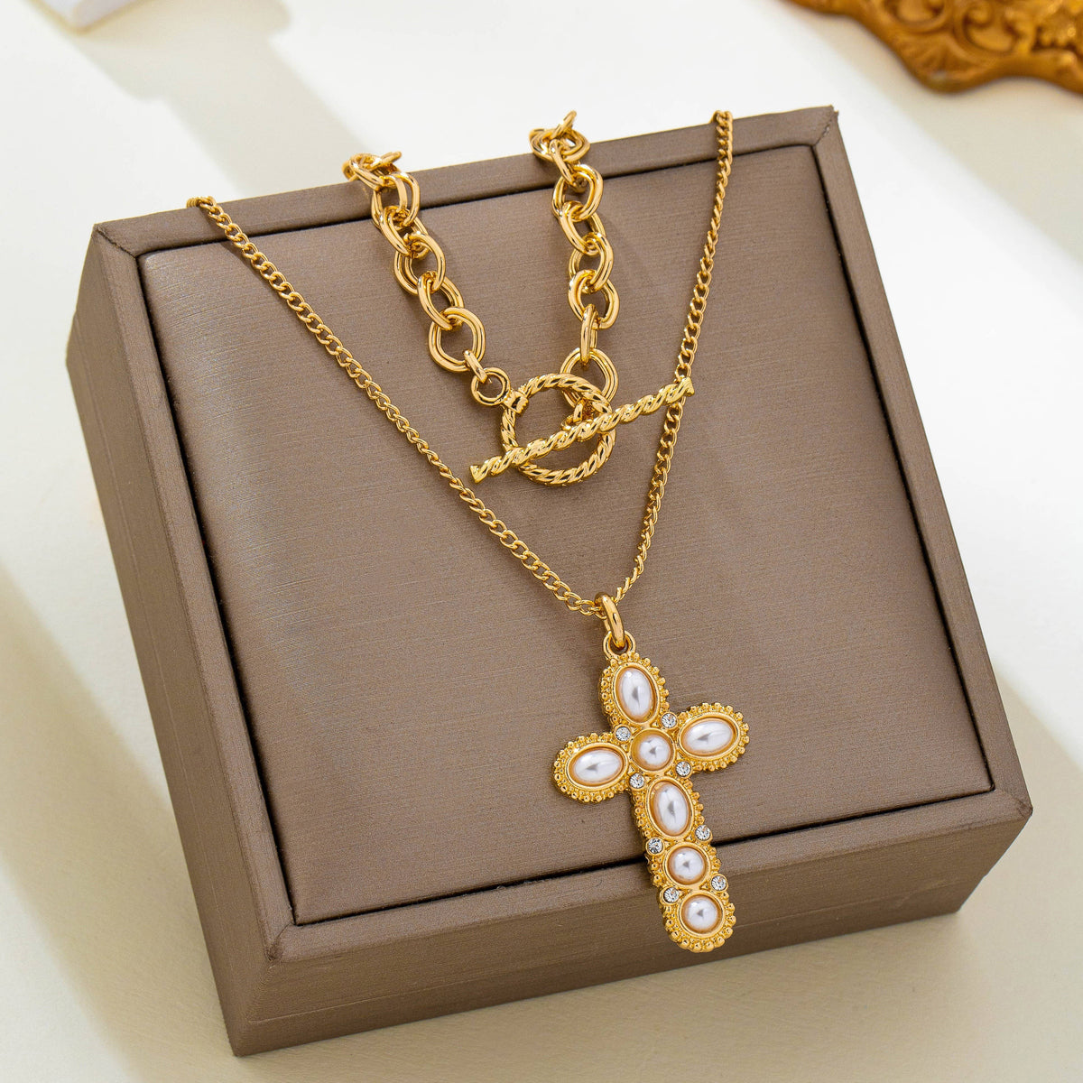 Gold-Tone Chain Pearl Cross  | 80N93780