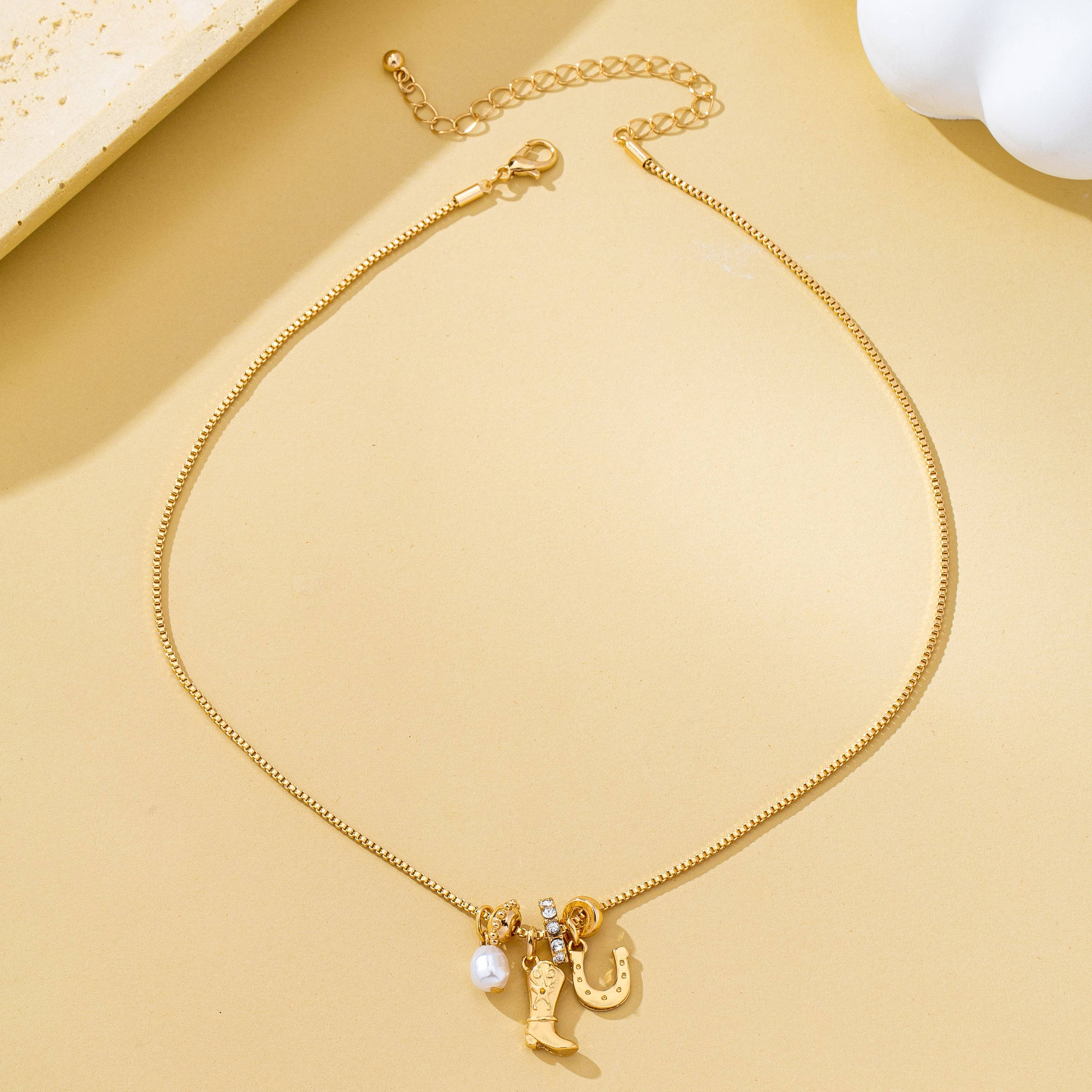Western Boot Horseshoe Pearl Charm Necklace