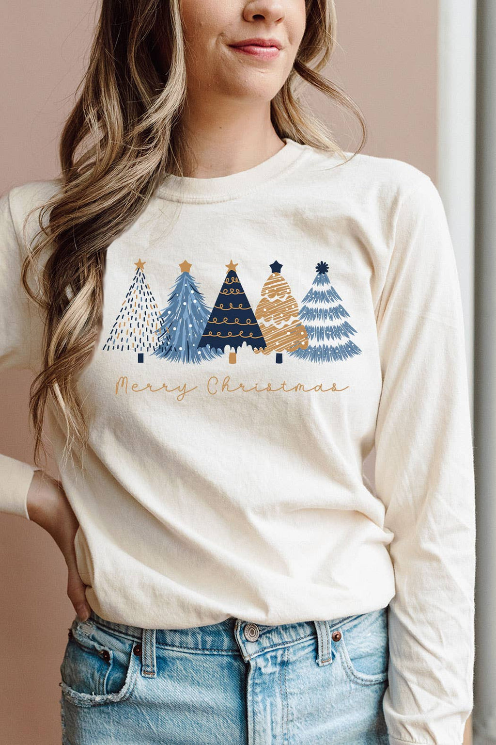 Kissed Apparel - Blue & Gold Merry Christmas Trees Long Sleeve