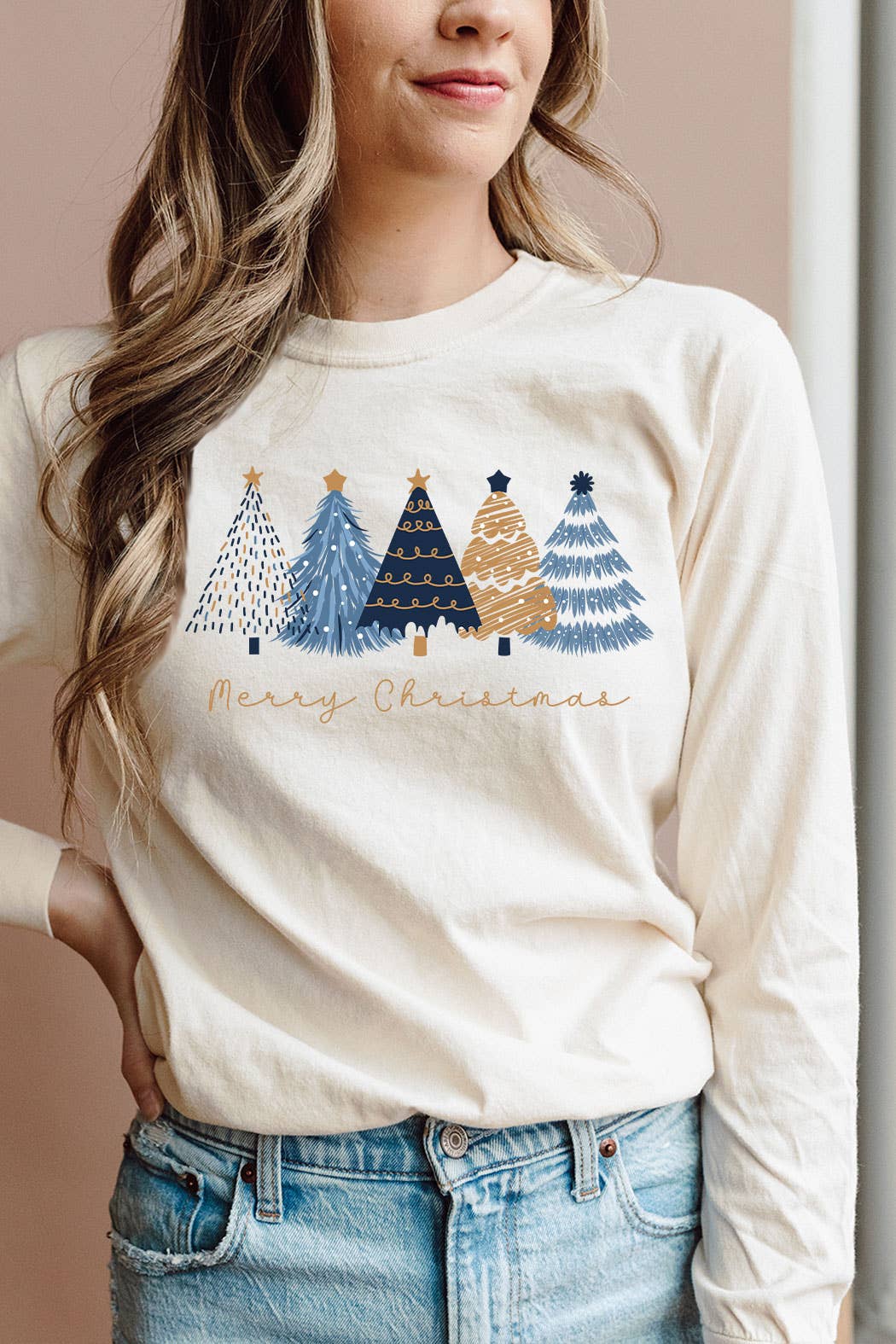 Kissed Apparel - Blue & Gold Merry Christmas Trees Long Sleeve