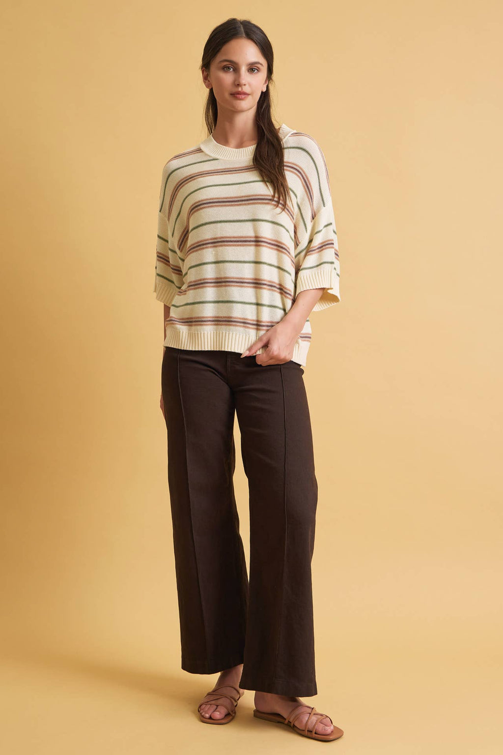 Be Cool - OVERSIZED CUT HALF SLEEVE STRIPED SWEATER