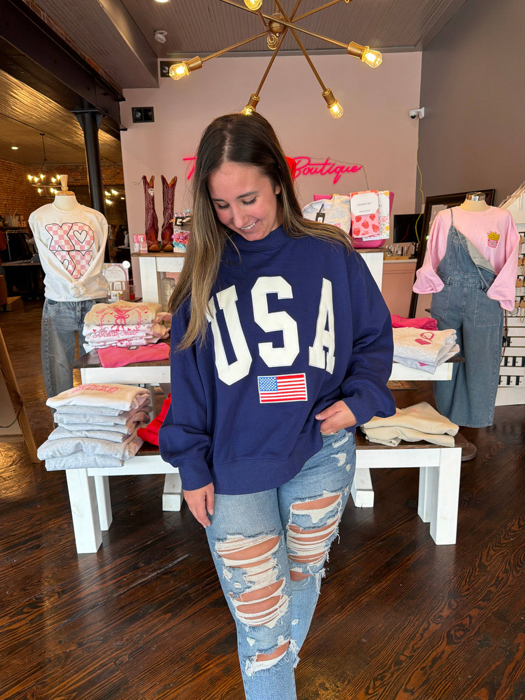 Navy USA  Embroidered Mockneck 