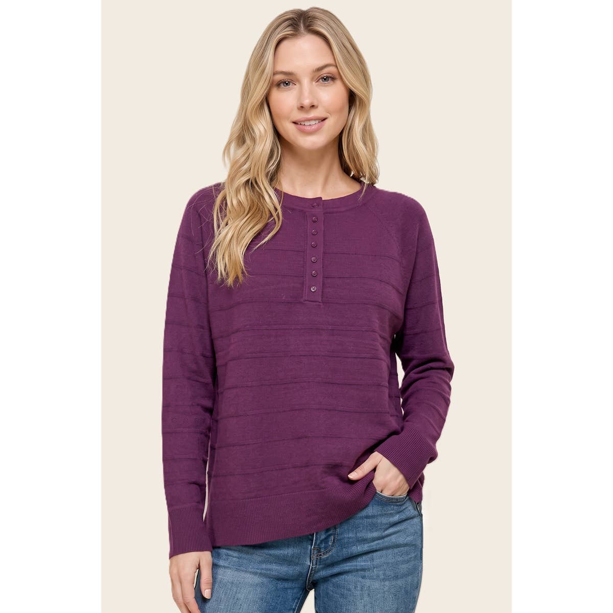 STACCATO - TEXTURE STRIPED HALF BUTTON SWEATER