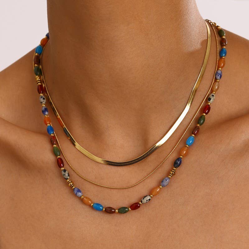 NATURAL STONE  STAINLESS STEEL LAYERED NECKLACE