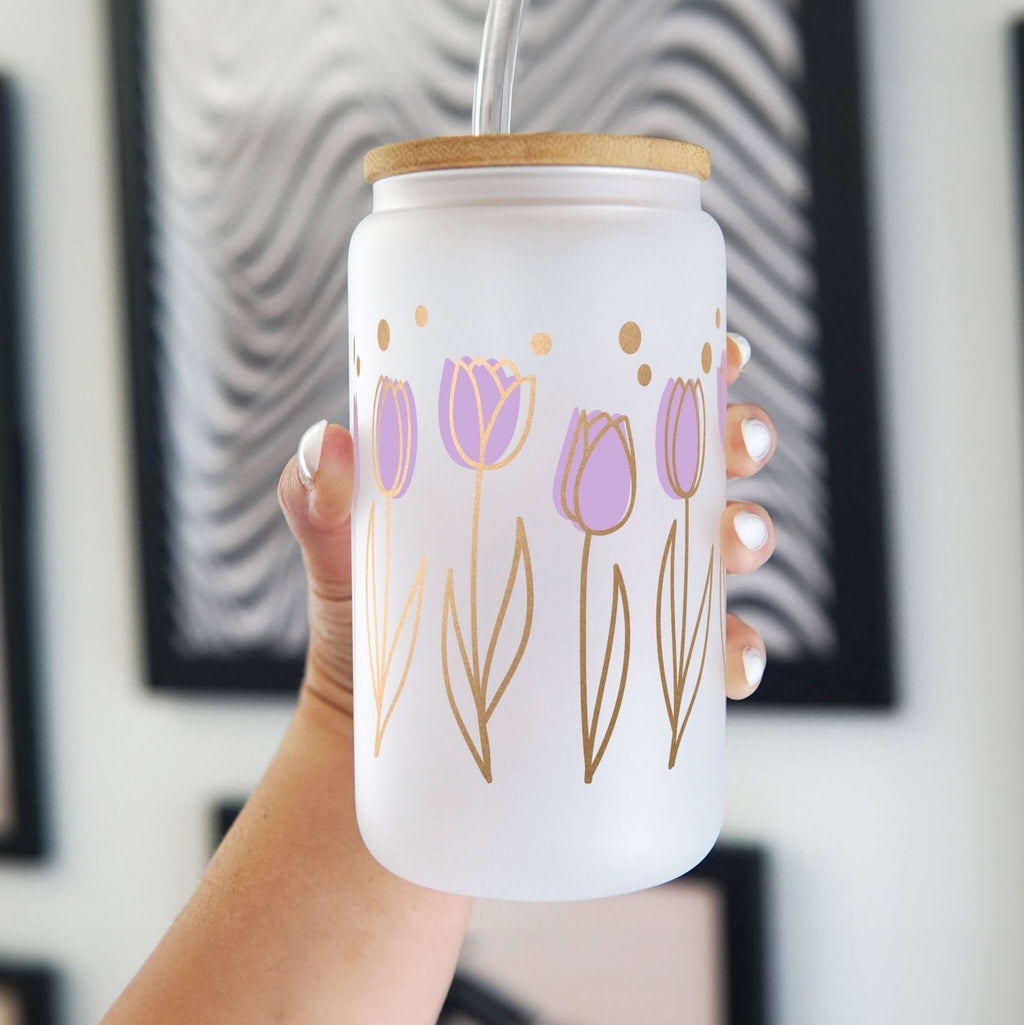 Sip-Sip Hooray! - Purple Tulip 16oz Glass Can Cup With Lid and Straw