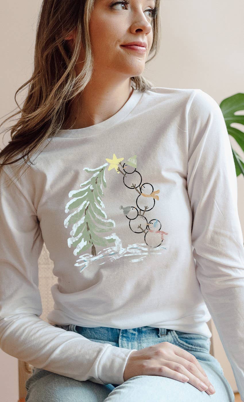 Kissed Apparel - Snowmen Decorating Tree Star Graphic Long Sleeve