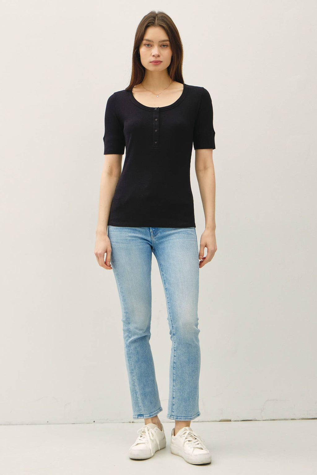 Be Cool - CLASSIC RIBBED COTTON SHORT SLEEVE HENLEY NECK TOP