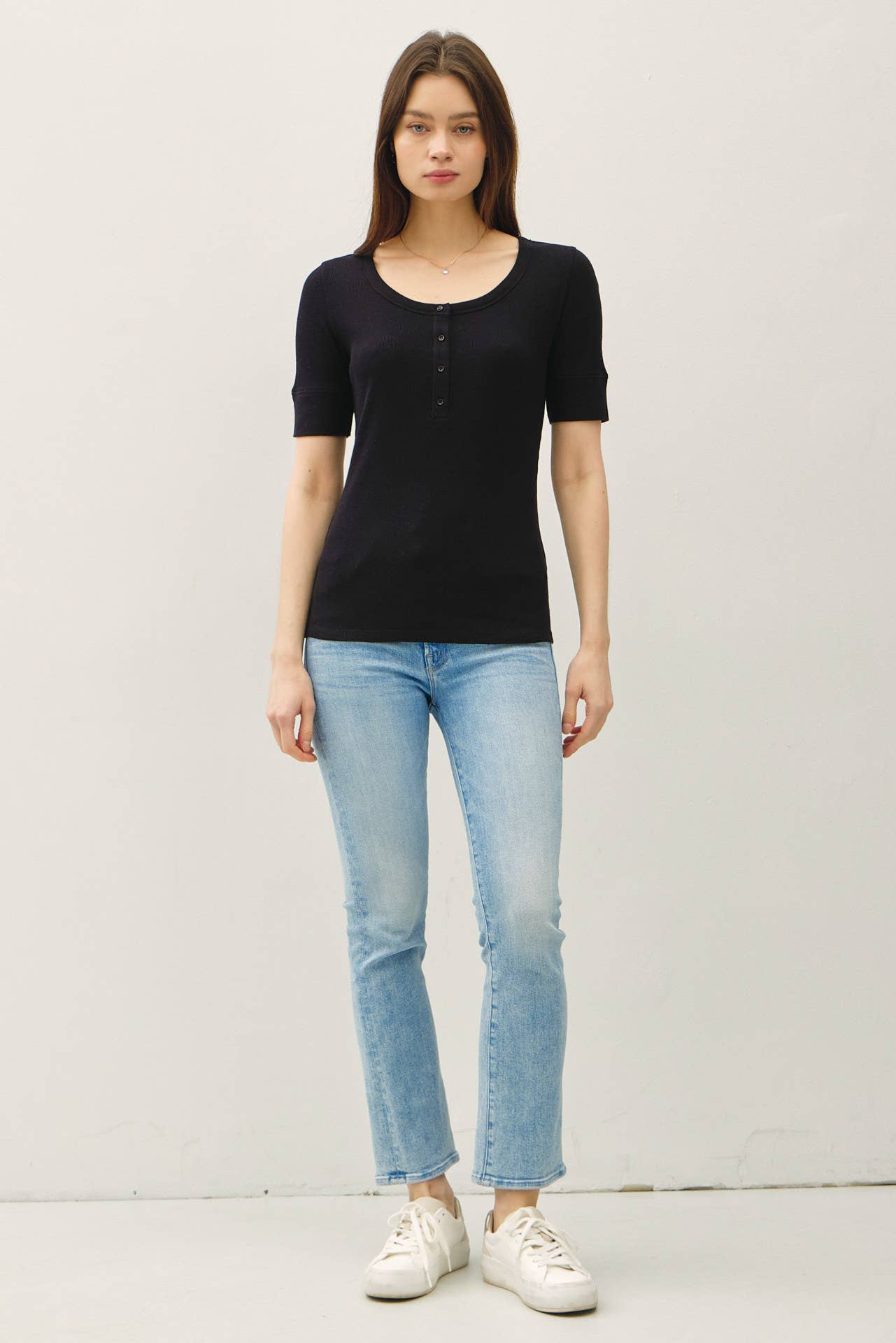 Be Cool - CLASSIC RIBBED COTTON SHORT SLEEVE HENLEY NECK TOP