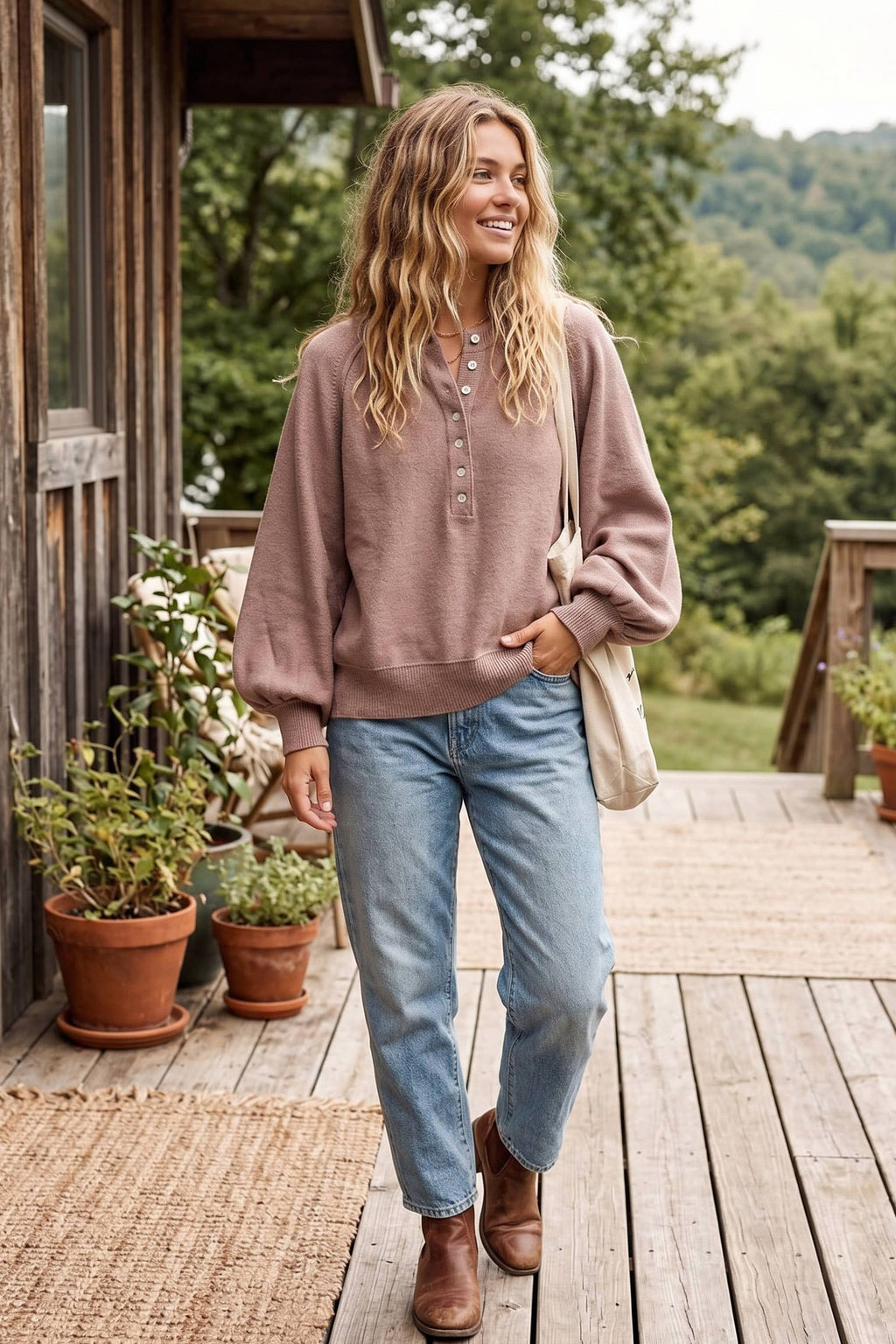 Sewn and Seen - Henley Balloon Sleeve Sweater Top