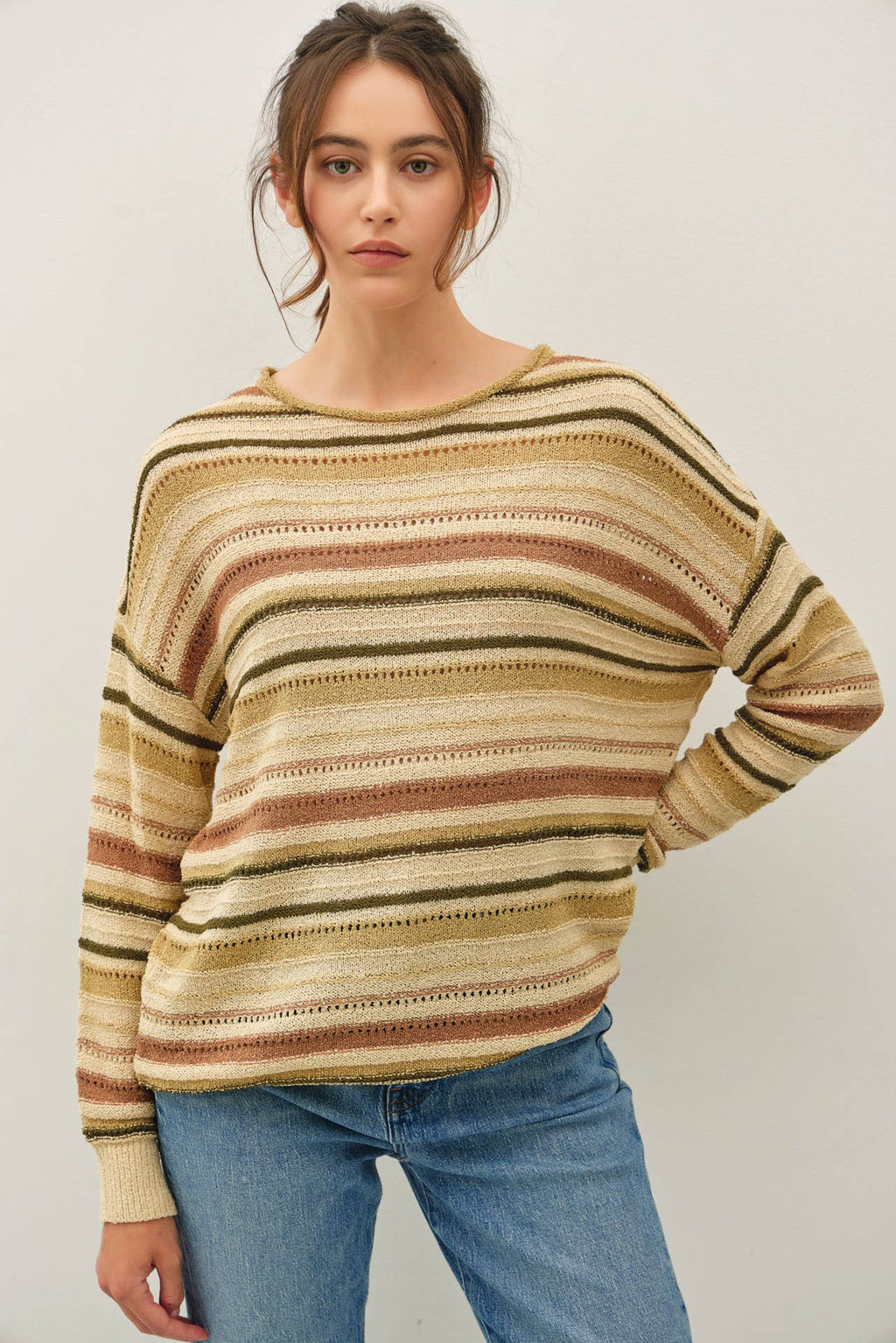 Be Cool - BREEZY KNIT MULTI STRIPED LONG SLEEVE SWEATER