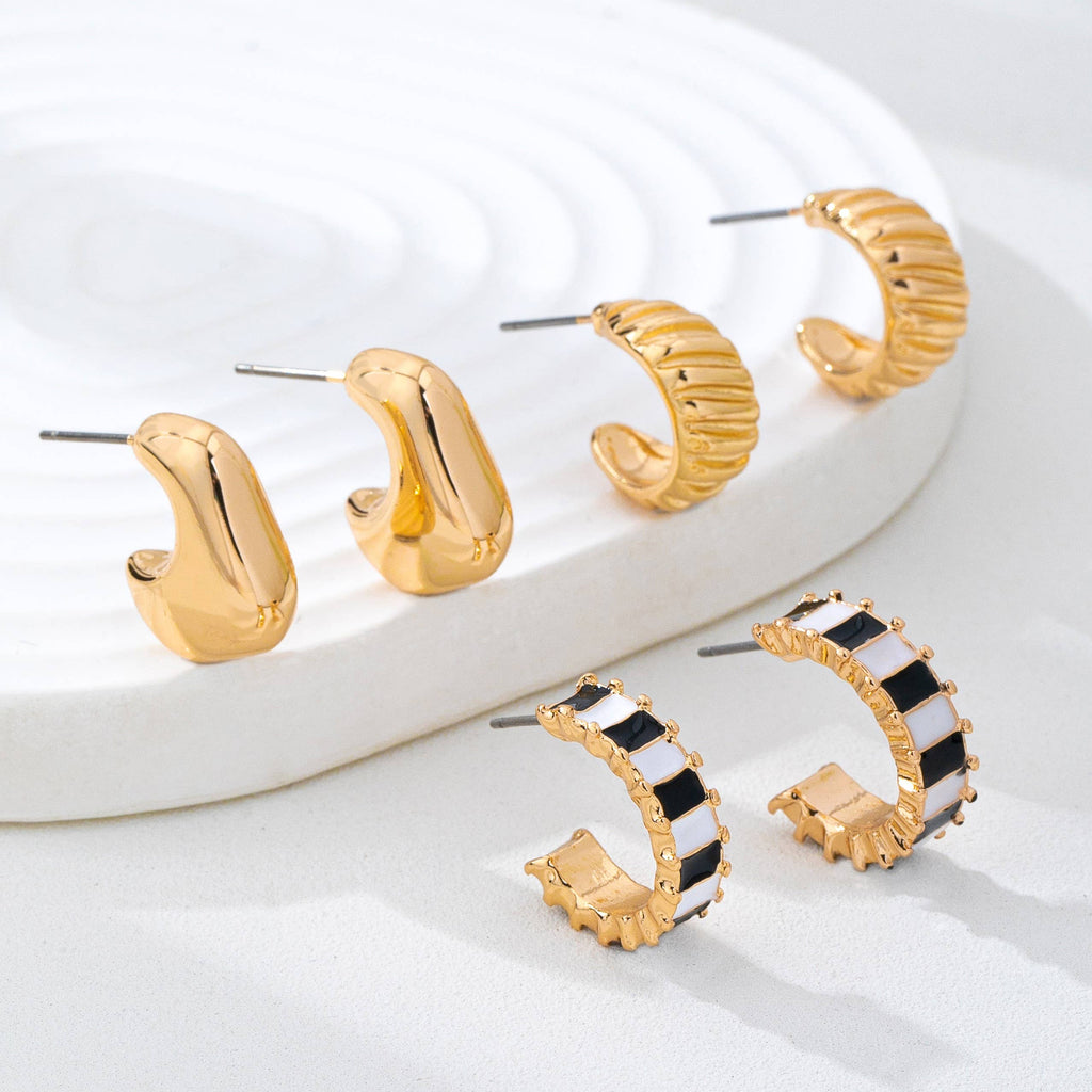 Checker Textured Huggie Hoop Trio