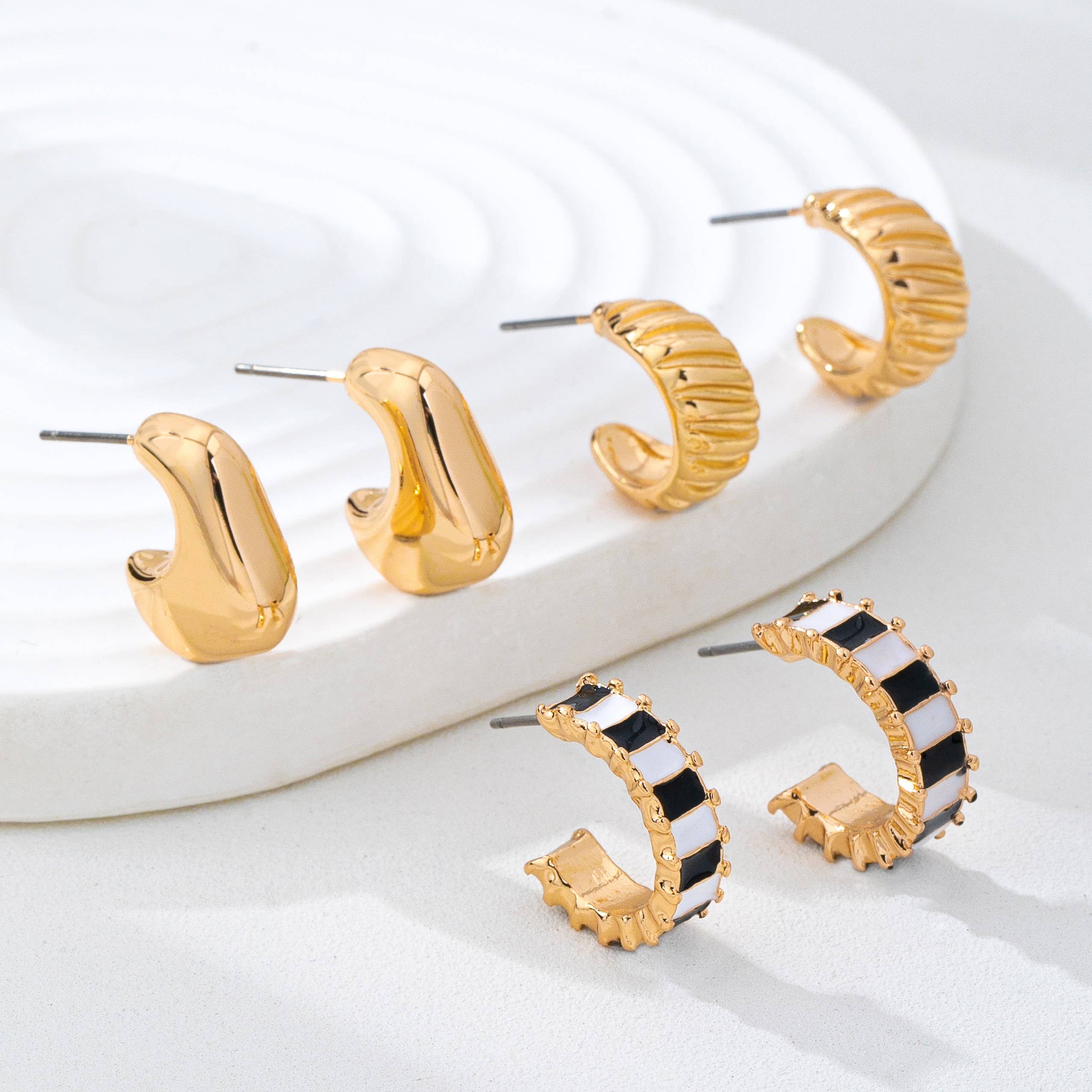 Checker Textured Huggie Hoop Trio