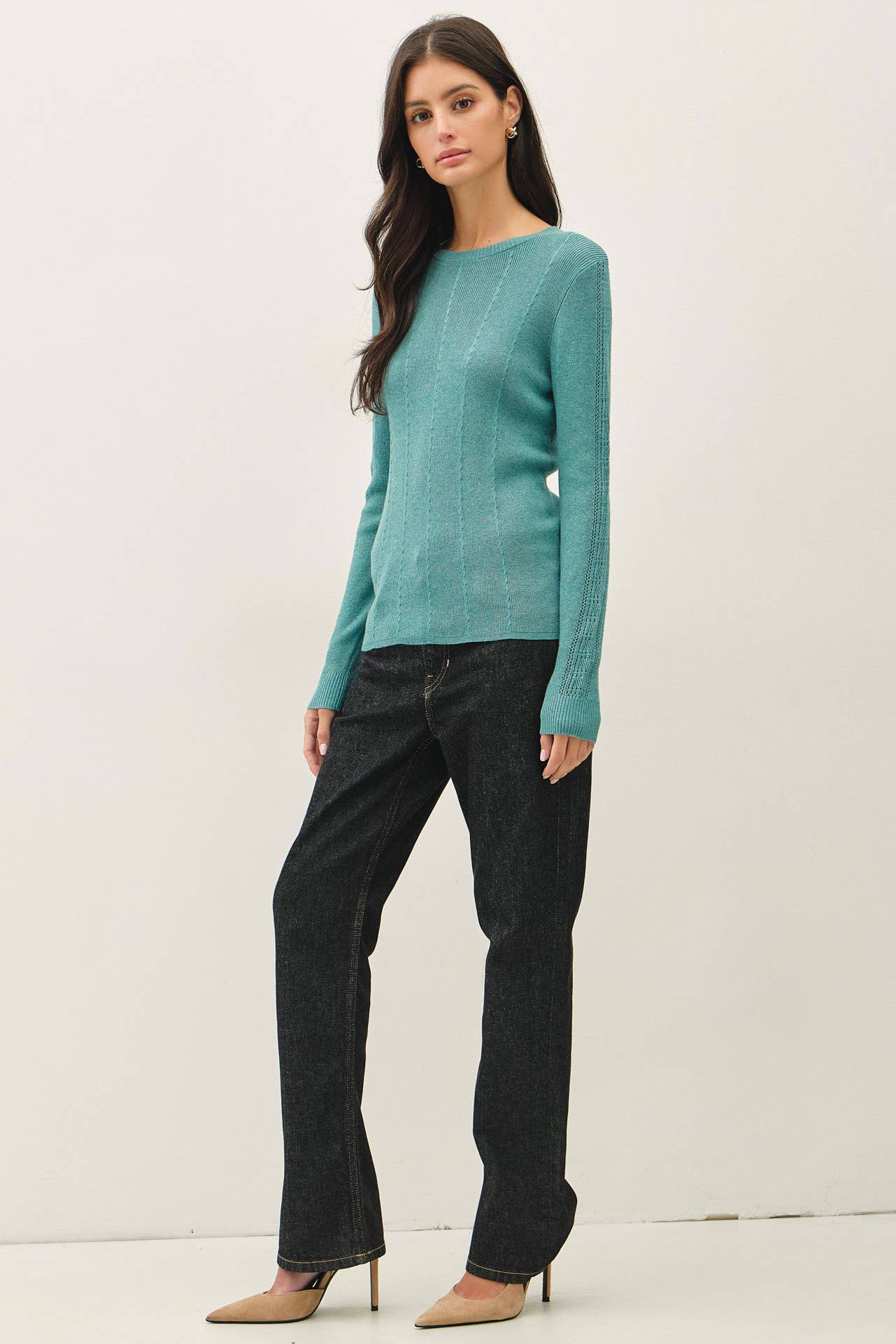 Be Cool - CROCHET SLEEVE POINTELLE FINE SWEATER