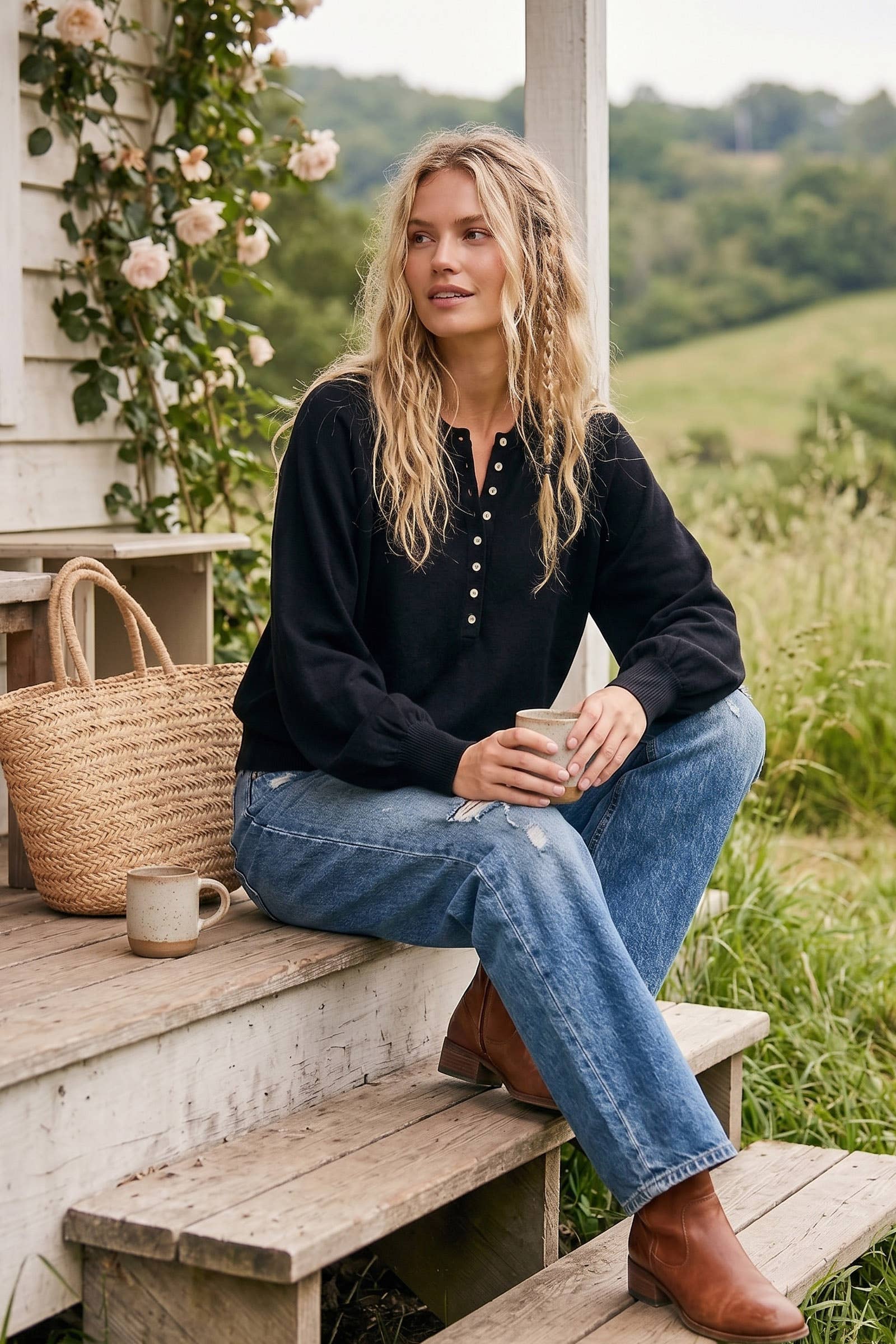 Sewn and Seen - Henley Balloon Sleeve Sweater Top