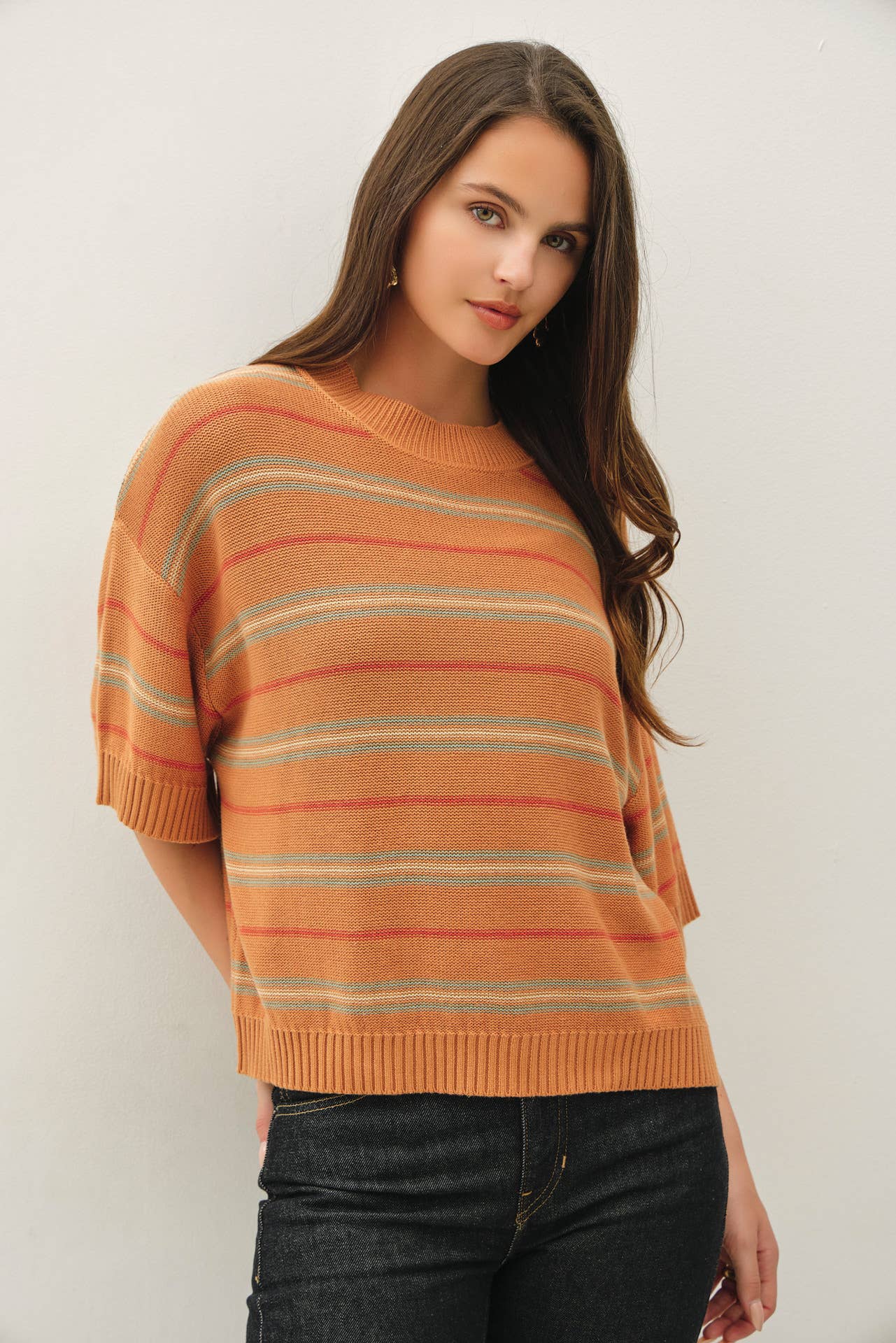 Be Cool - OVERSIZED CUT HALF SLEEVE STRIPED SWEATER