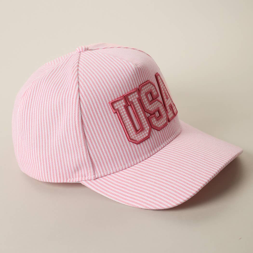 Fashion City - USA Embroidered Patch Gingham Stripe Trucker Hat