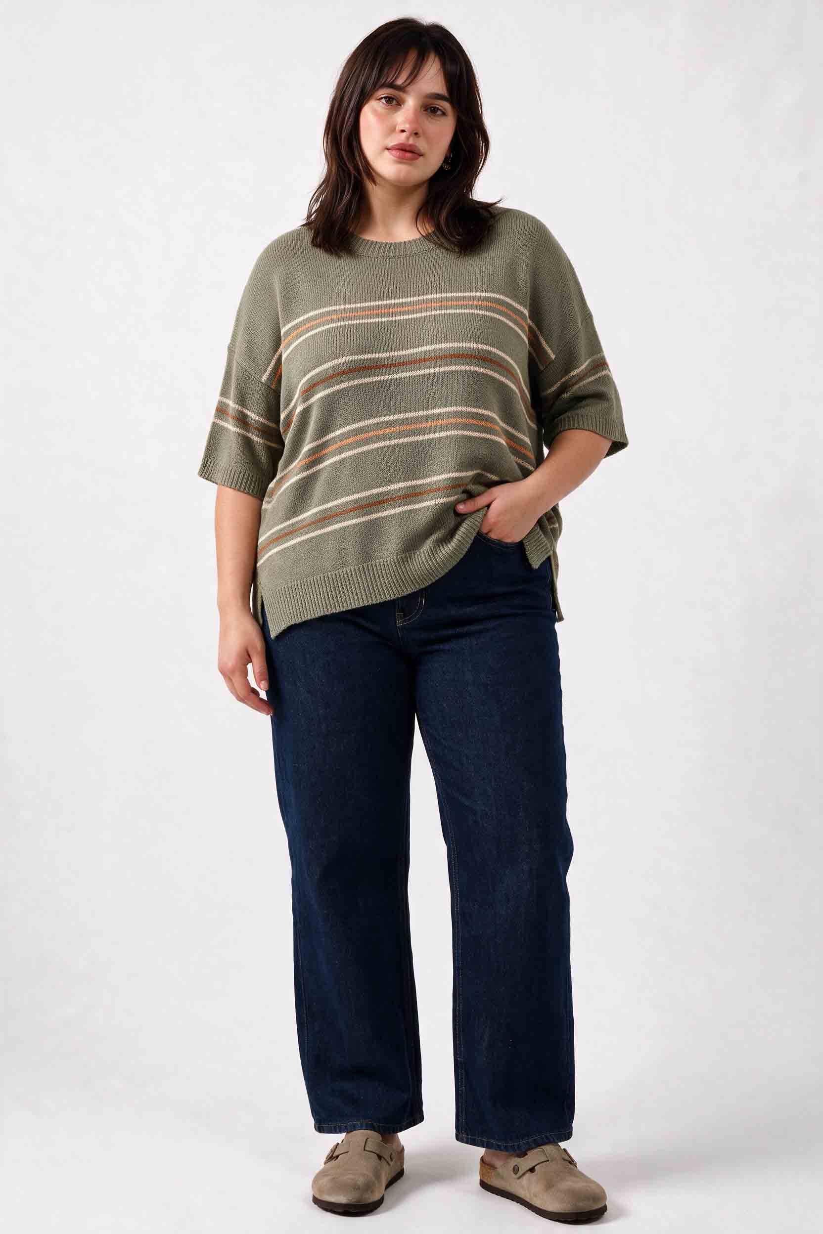 Be Cool - [PLUS] OVER SIZED DROP SHOULDER STRIPED SWEATER