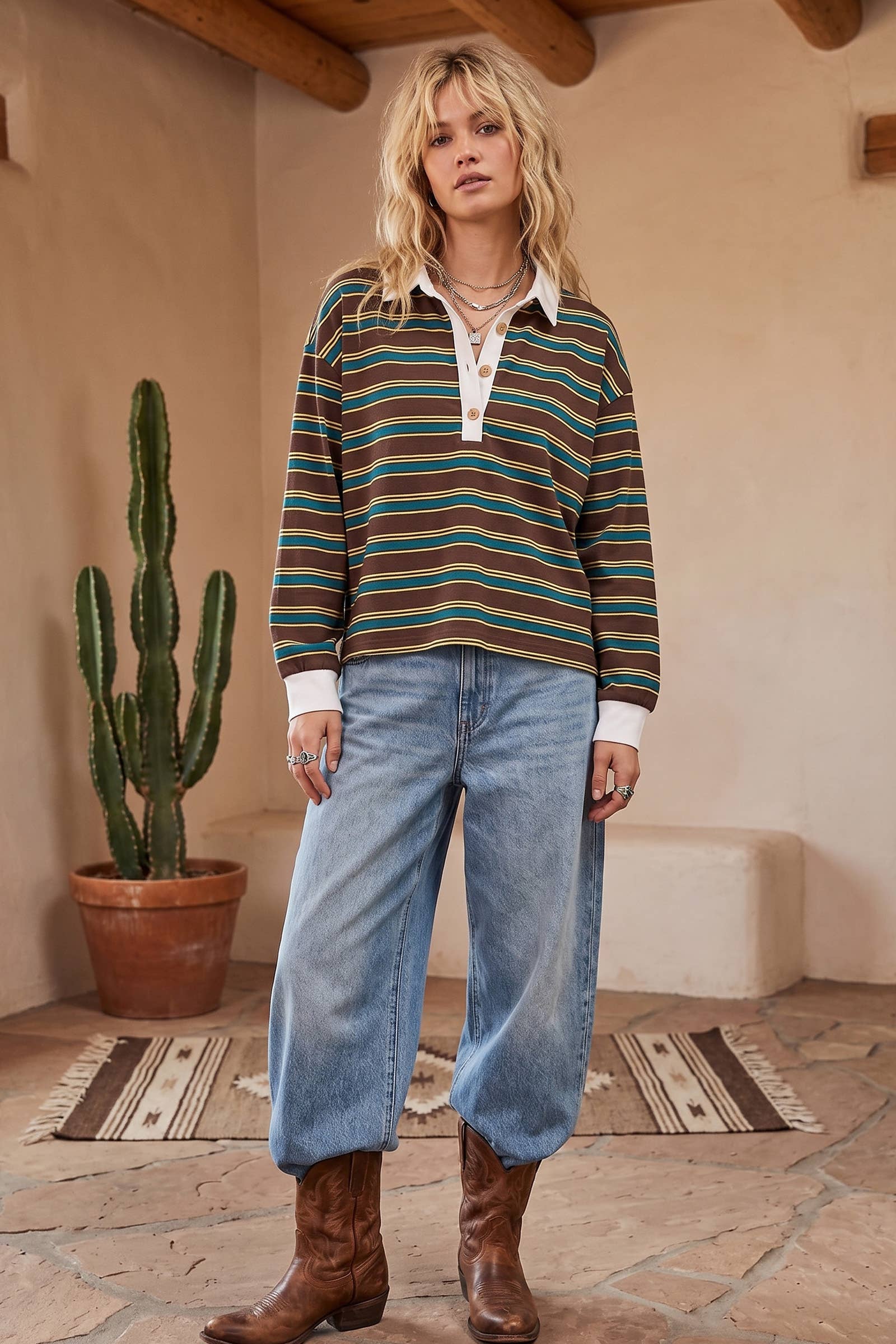Sewn and Seen - Oversized Striped Lightweight Polo Top