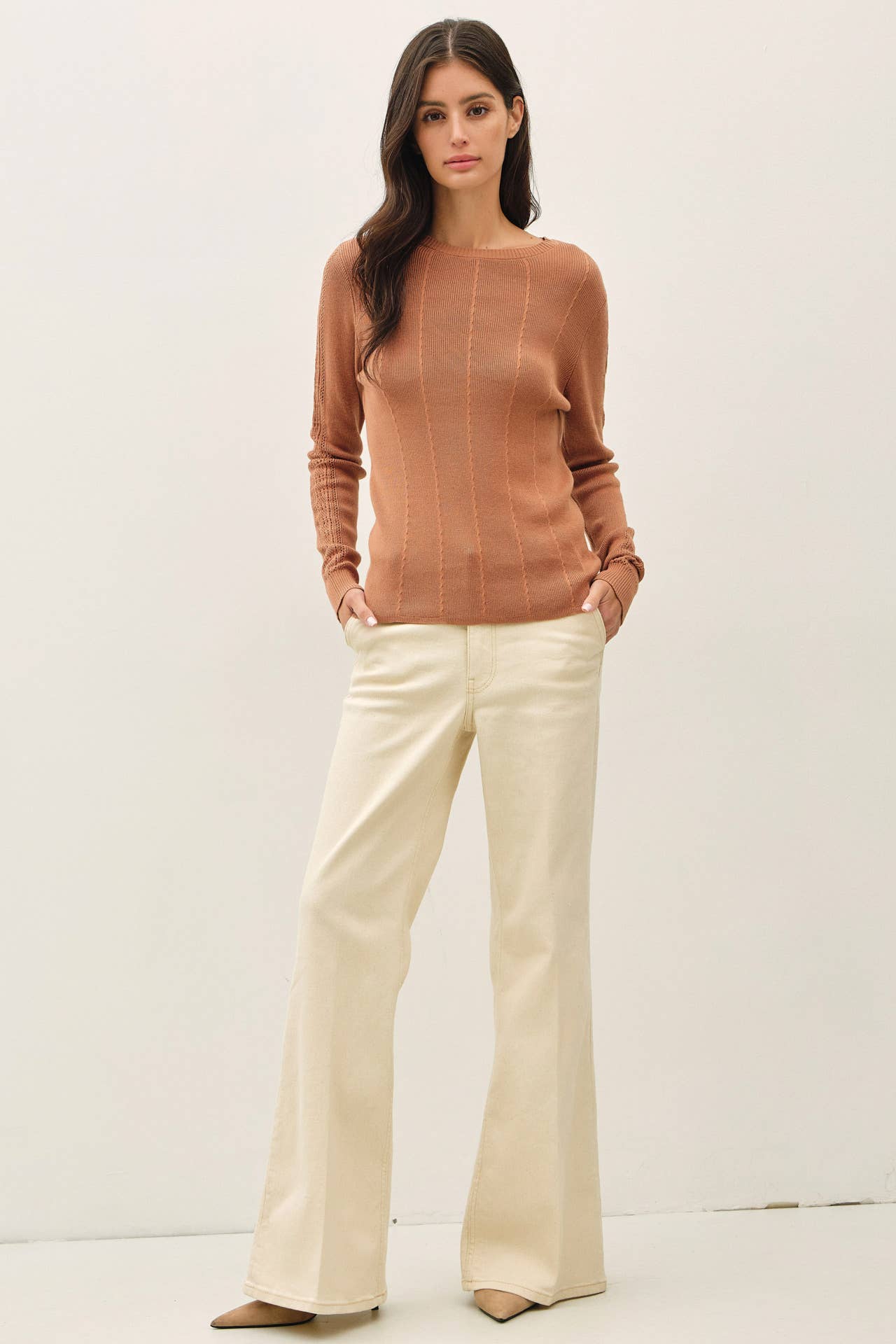 Be Cool - CROCHET SLEEVE POINTELLE FINE SWEATER