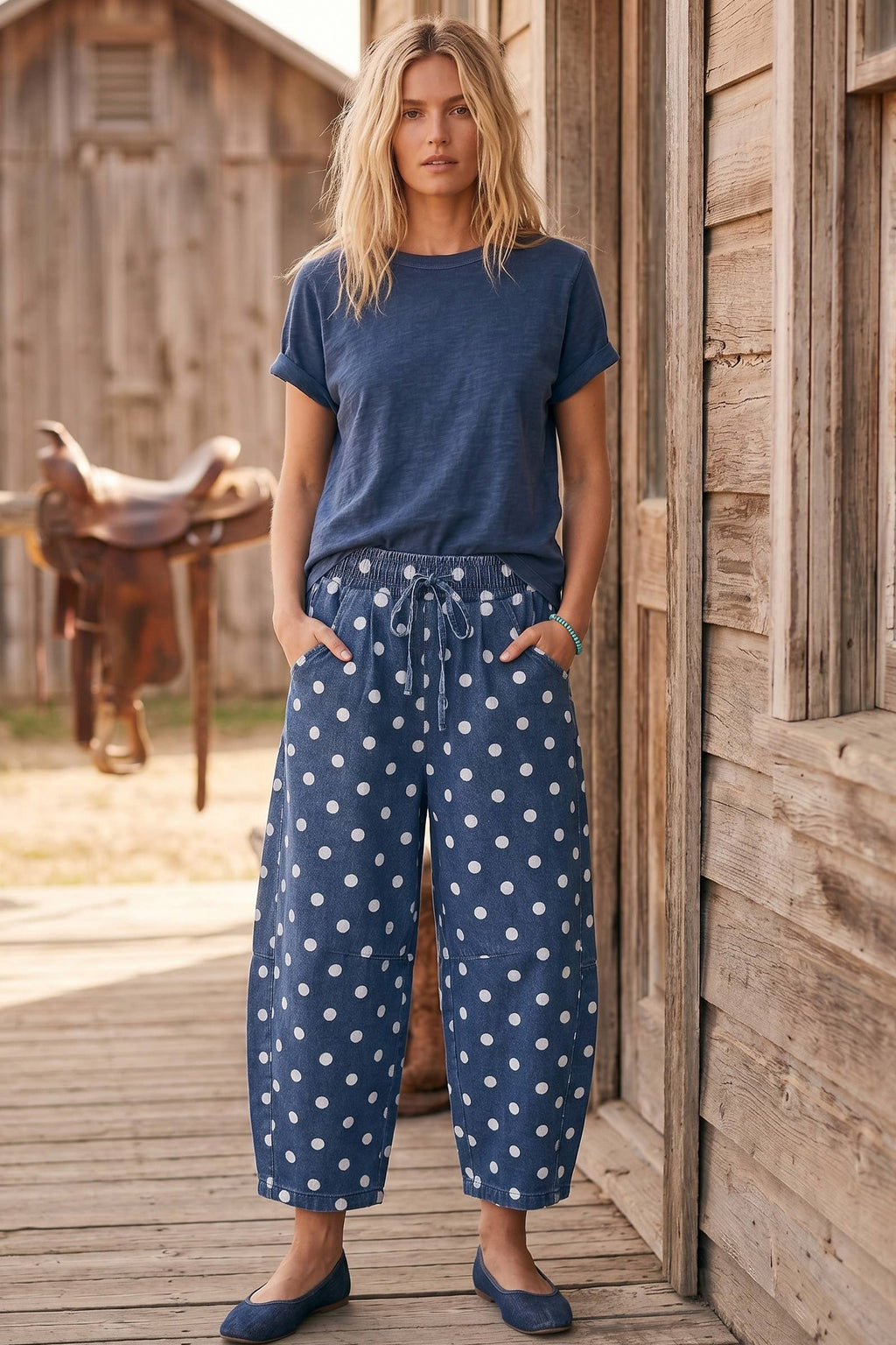 Polka Dot Denim Barrel Pants