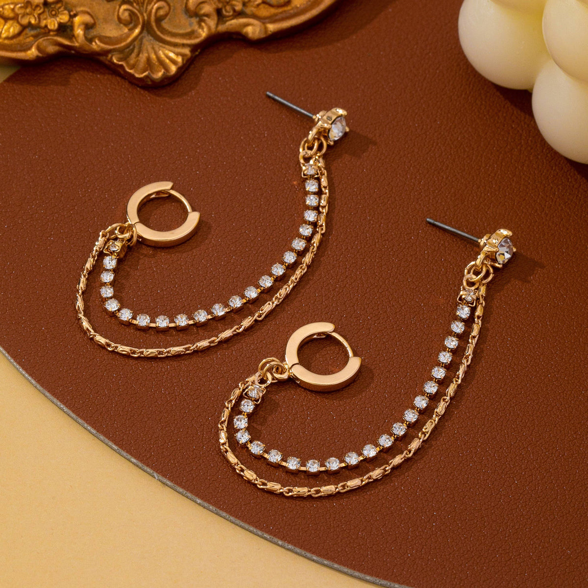 Rhinestone & Gold Double Chain Earrings|80E63021