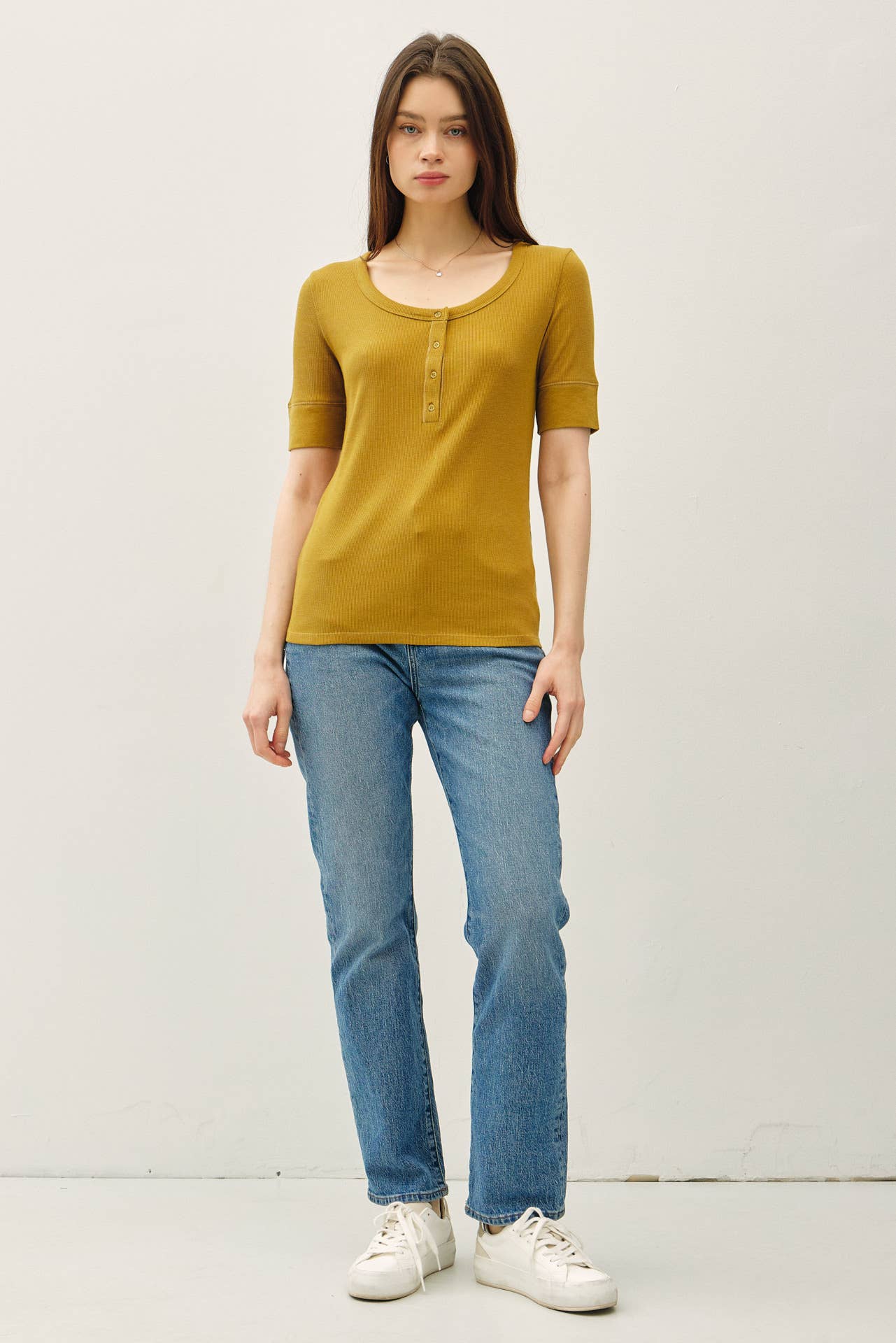 Be Cool - CLASSIC RIBBED COTTON SHORT SLEEVE HENLEY NECK TOP