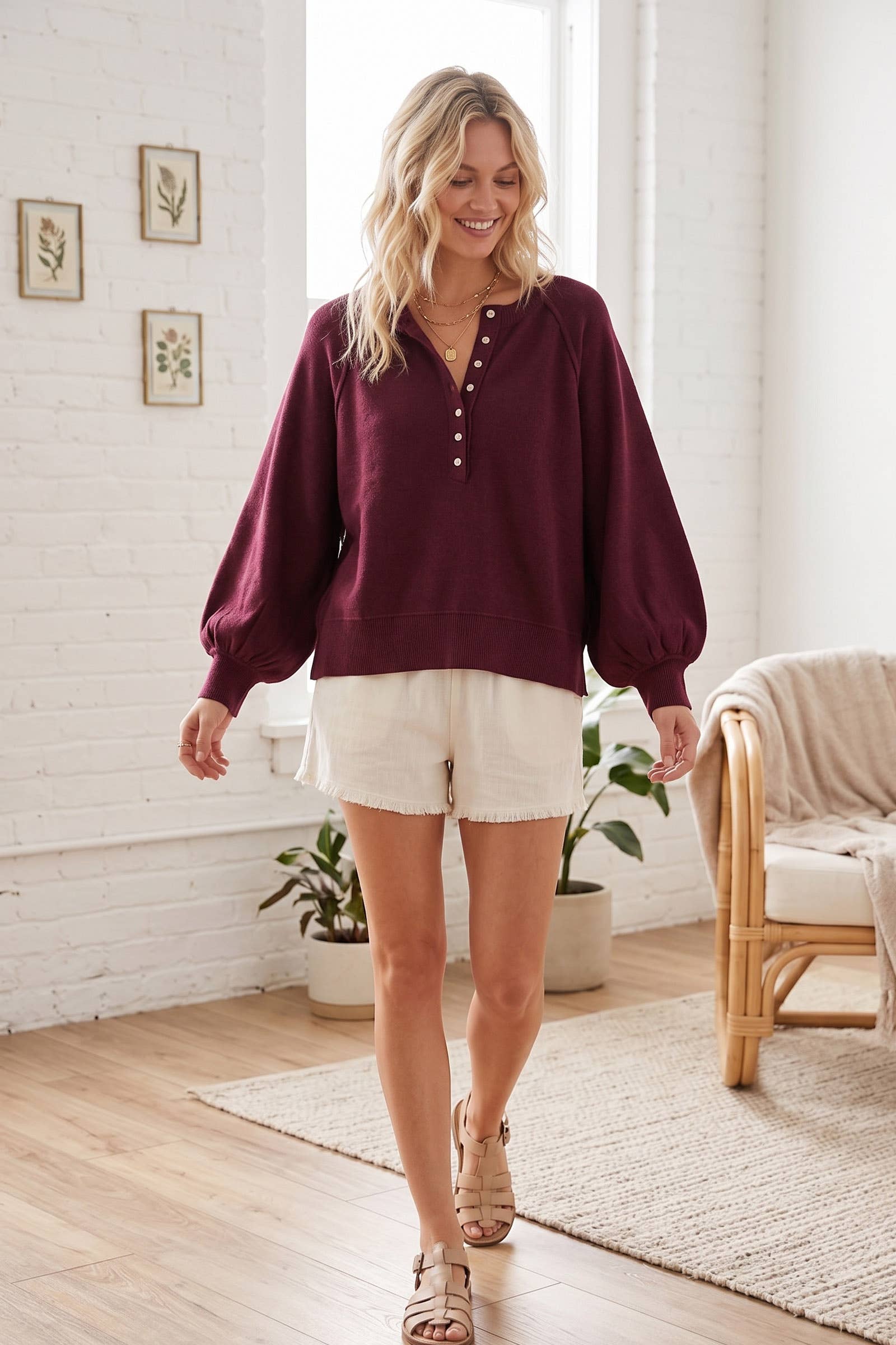 Sewn and Seen - Henley Balloon Sleeve Sweater Top