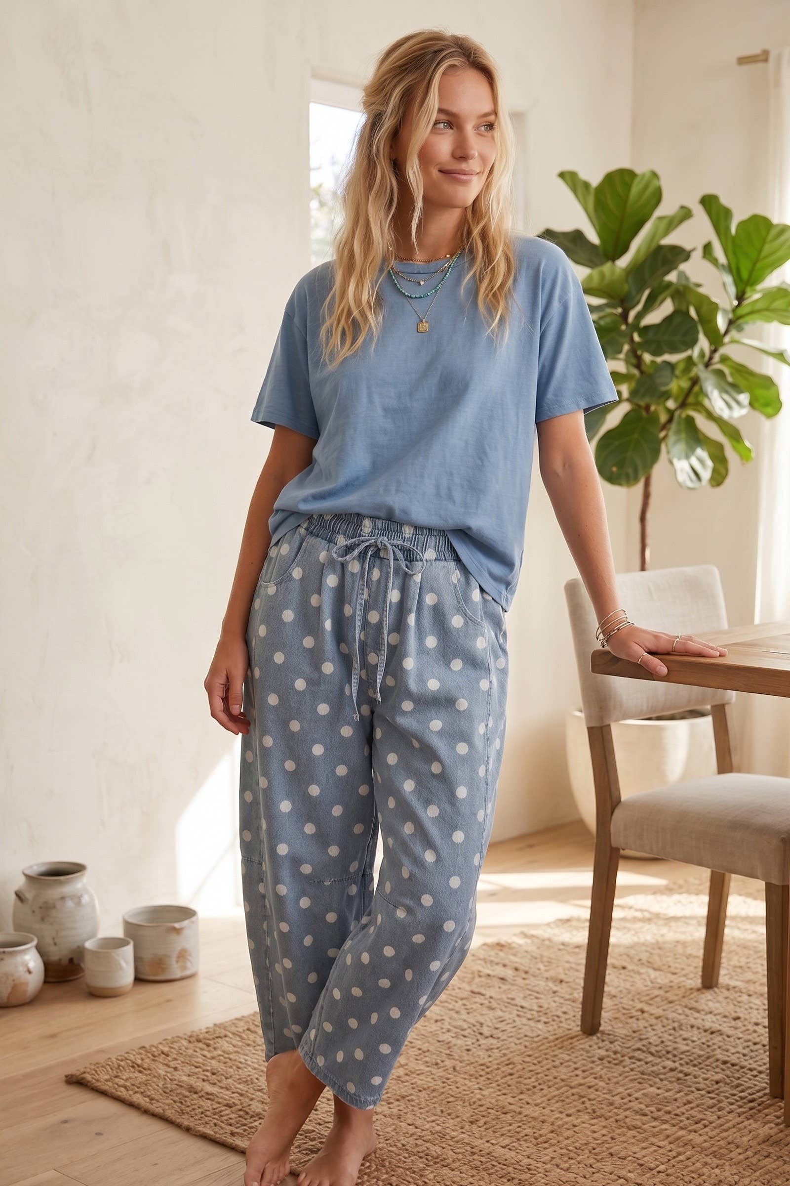 Polka Dot Denim Barrel Pants