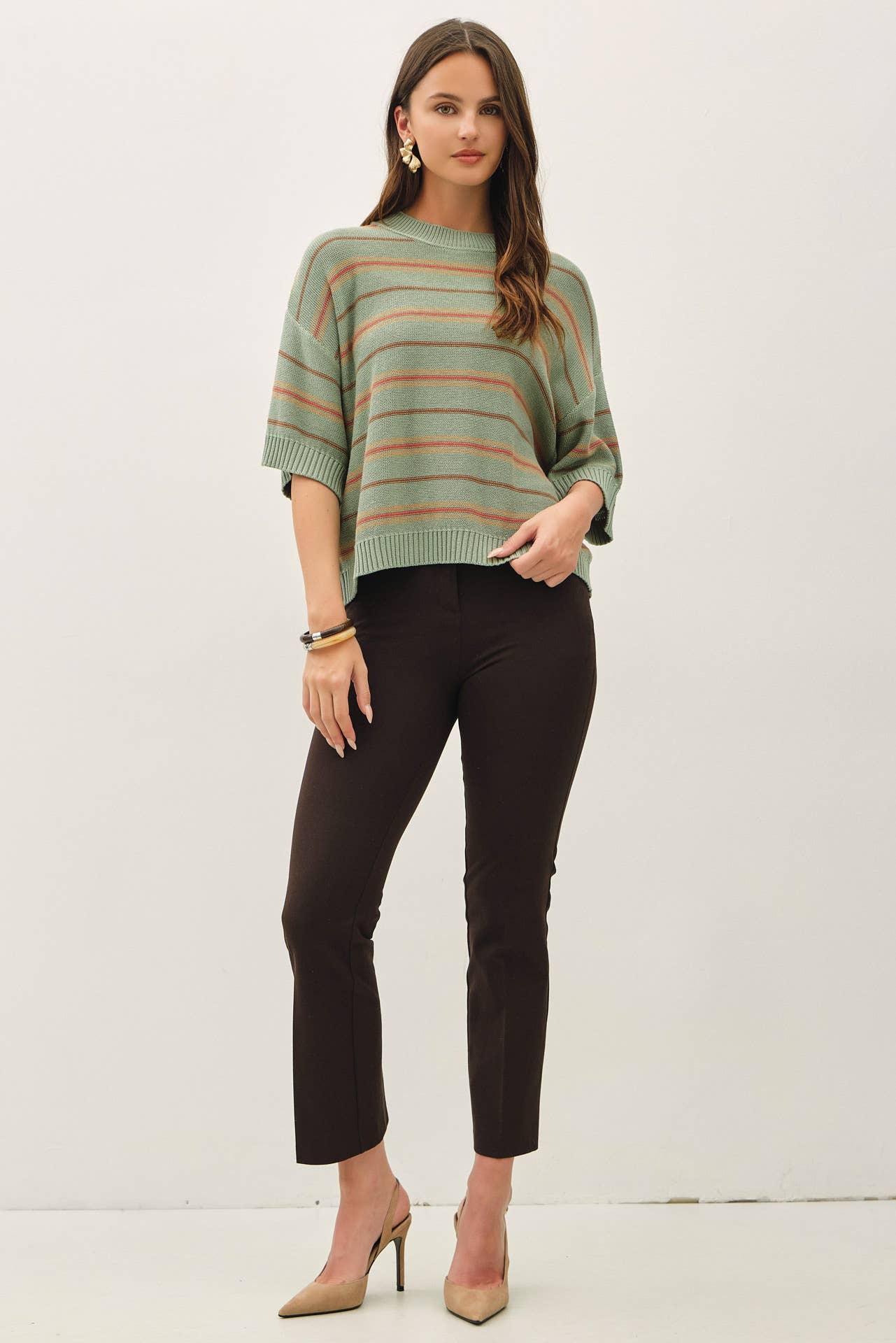 Be Cool - OVERSIZED CUT HALF SLEEVE STRIPED SWEATER