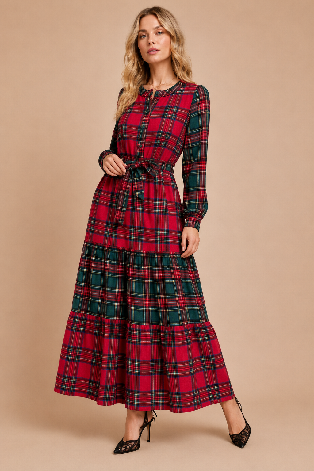 J.NNA - Festive Mixed-Plaid Tiered Maxi Dress