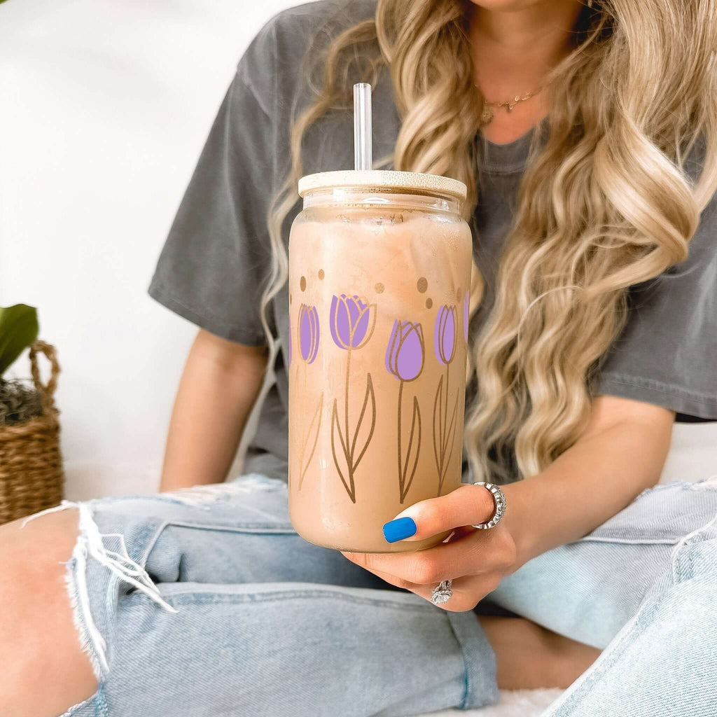 Sip-Sip Hooray! - Purple Tulip 16oz Glass Can Cup With Lid and Straw