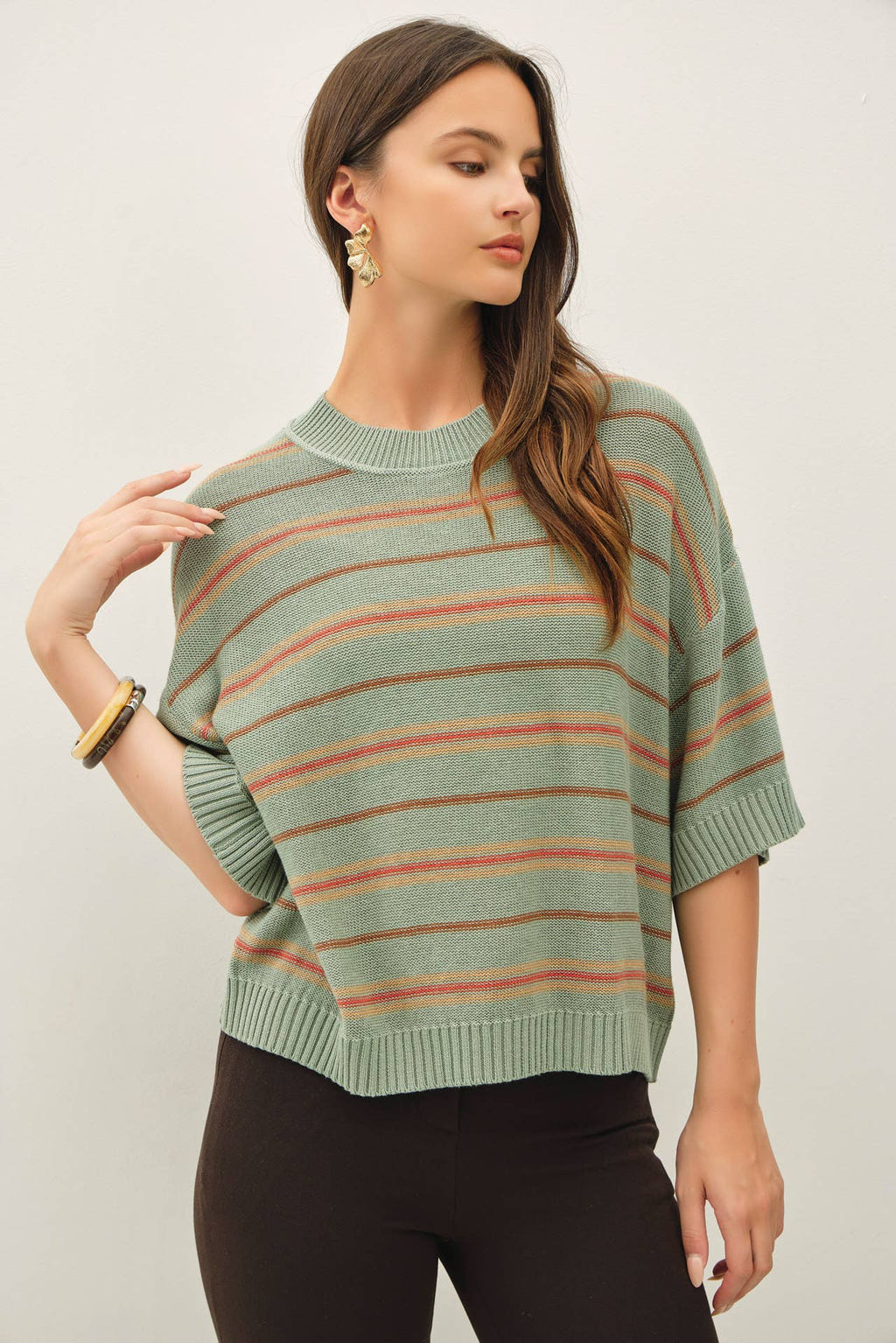 Be Cool - OVERSIZED CUT HALF SLEEVE STRIPED SWEATER