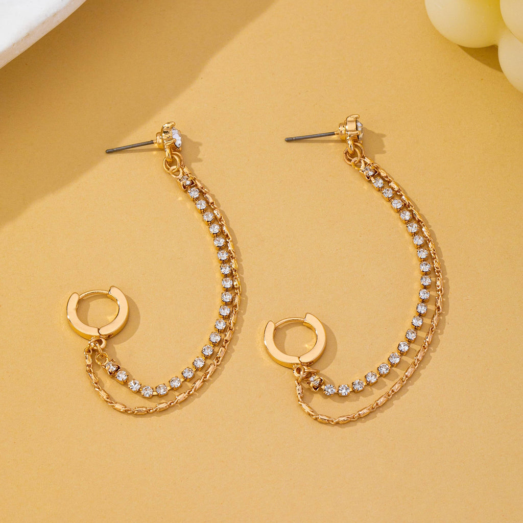 Rhinestone & Gold Double Chain Earrings|80E63021