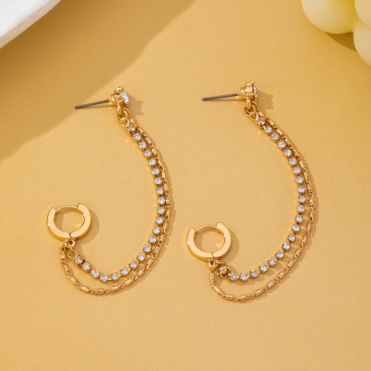 Rhinestone & Gold Double Chain Earrings|80E63021