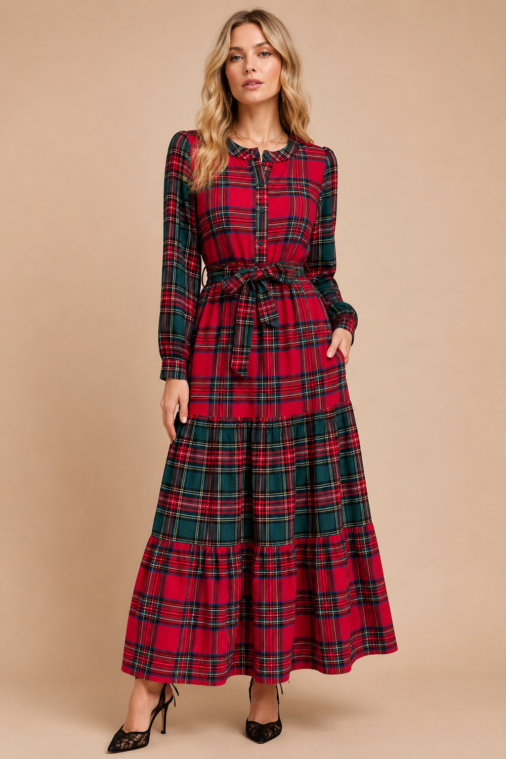 J.NNA - Festive Mixed-Plaid Tiered Maxi Dress