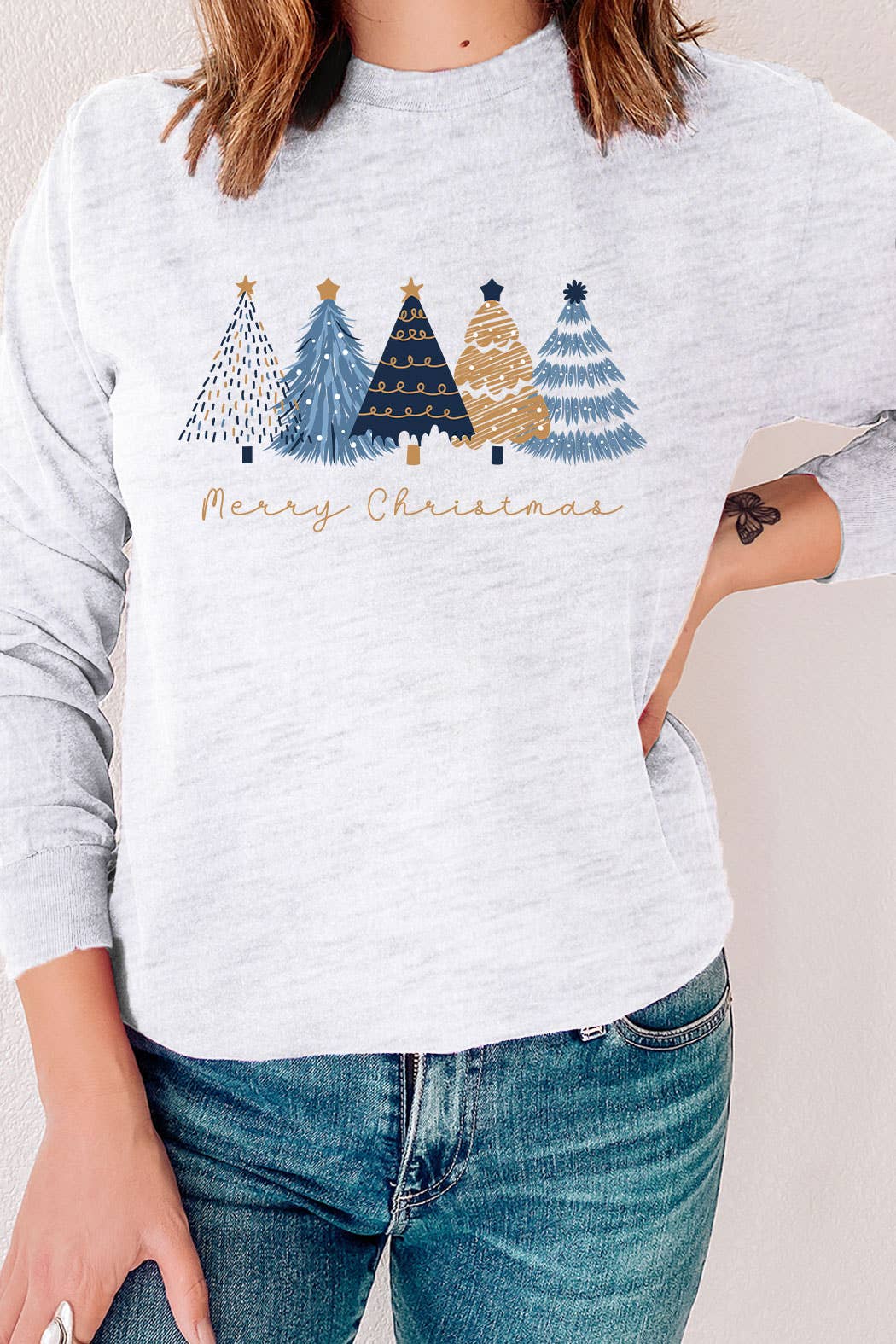 Kissed Apparel - Blue & Gold Merry Christmas Trees Long Sleeve