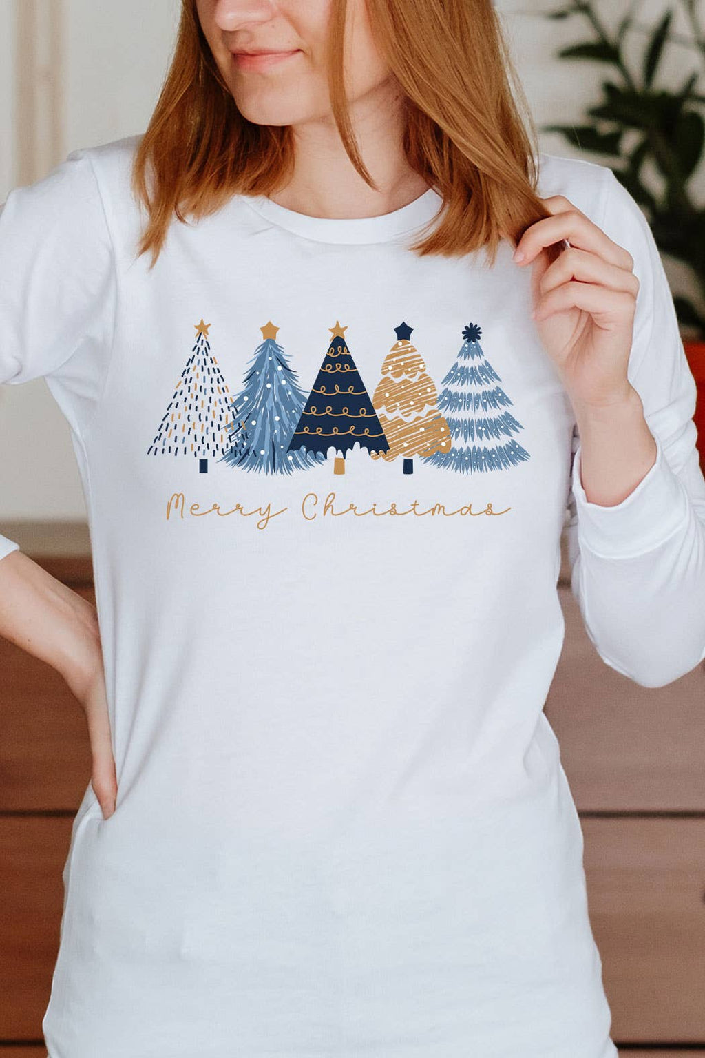 Kissed Apparel - Blue & Gold Merry Christmas Trees Long Sleeve