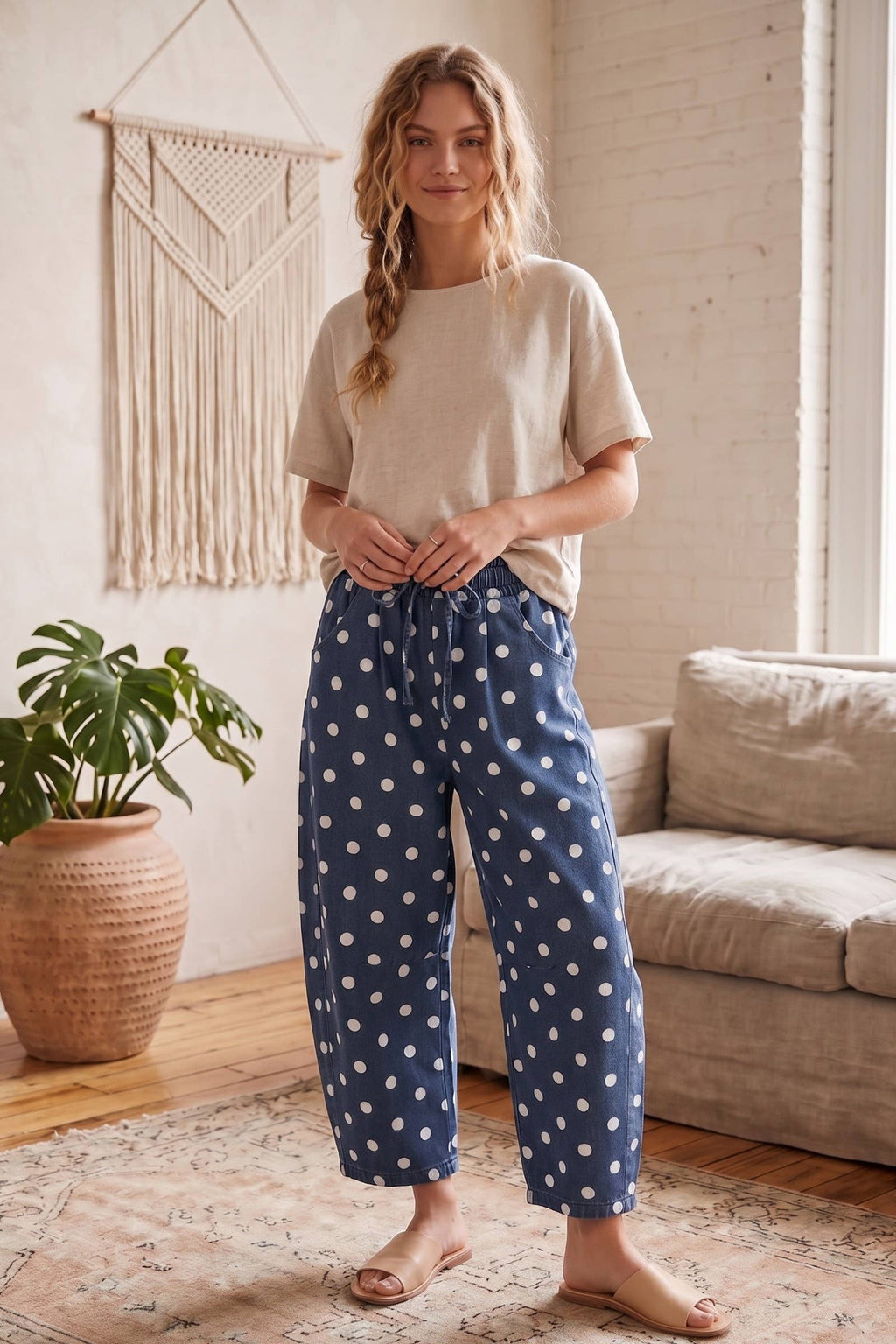 Polka Dot Denim Barrel Pants