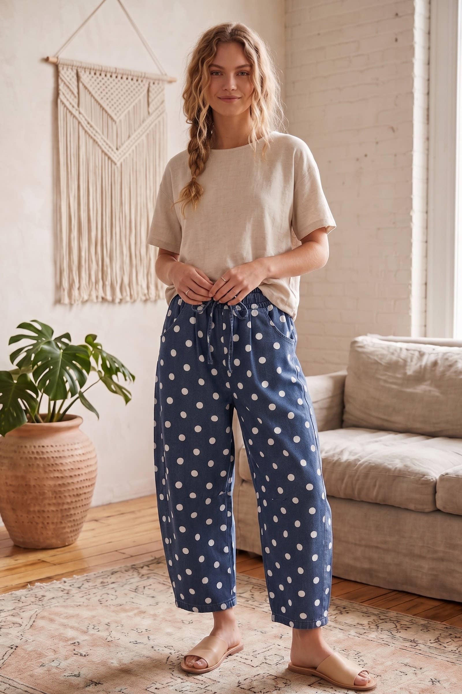Polka Dot Denim Barrel Pants