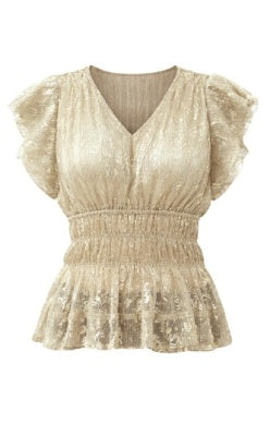 Another Love Paolina gold flutter-sleeve V-neck top with smocked waist