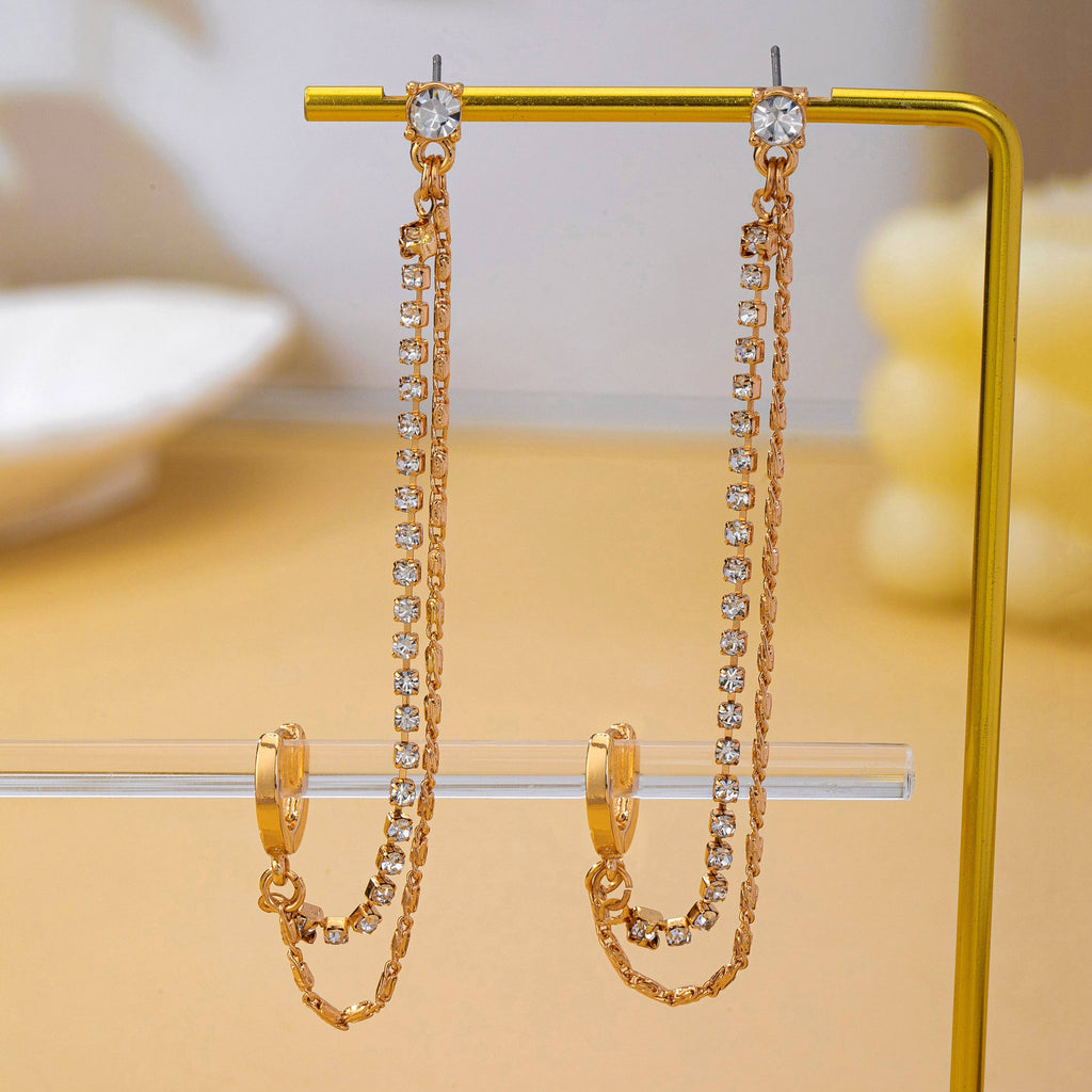 Rhinestone & Gold Double Chain Earrings|80E63021
