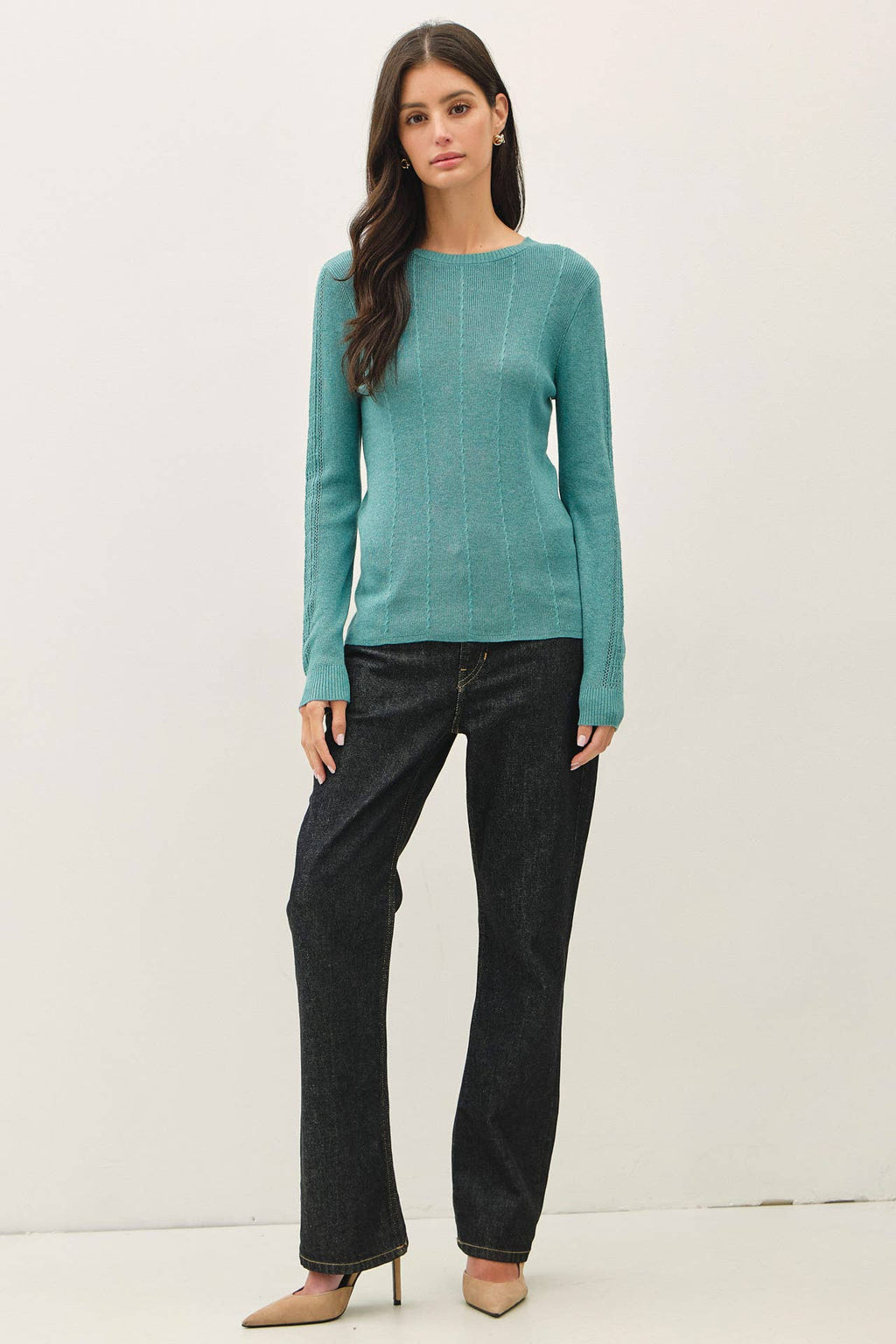 Be Cool - CROCHET SLEEVE POINTELLE FINE SWEATER