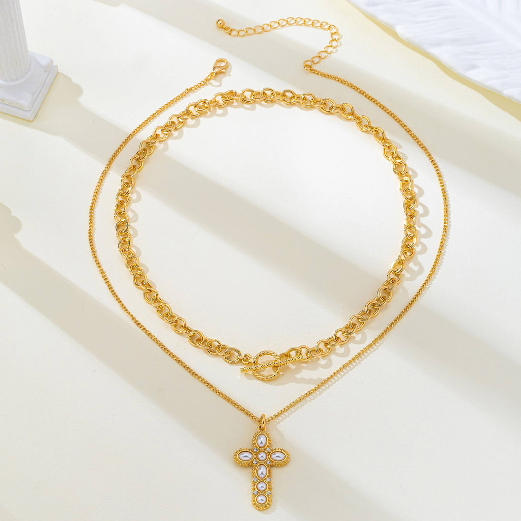 Gold-Tone Chain Pearl Cross  | 80N93780