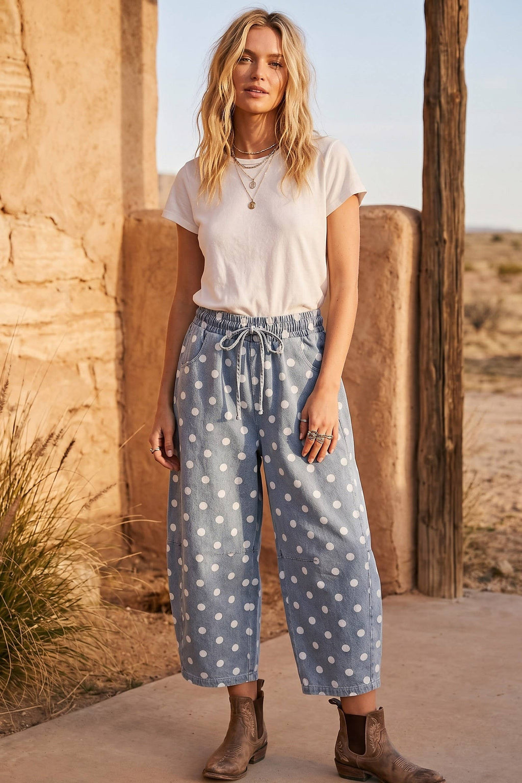 Polka Dot Denim Barrel Pants