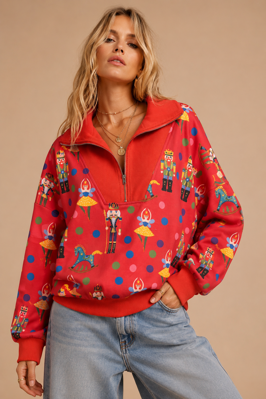 J.NNA - Nutcracker Print Quarter-Zip Sweatshirt