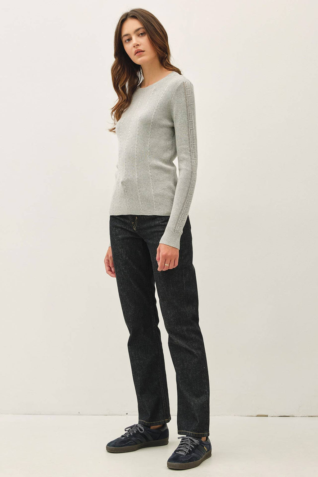 Be Cool - CROCHET SLEEVE POINTELLE FINE SWEATER